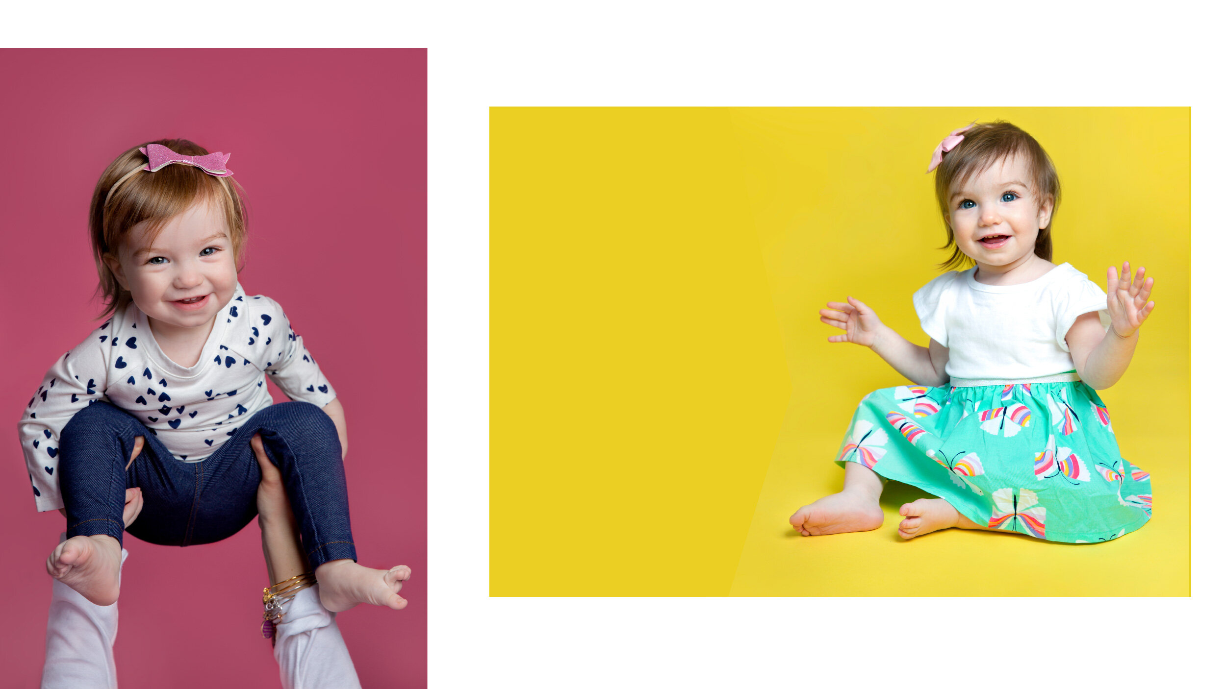 Two photos of girl toddler modeling clothing. On the left she is in front of a pink backdrop wearing black tights and a white shirt with hearts. On the right she is sitting on the floor in front of a yellow backdrop in a spring dress.  