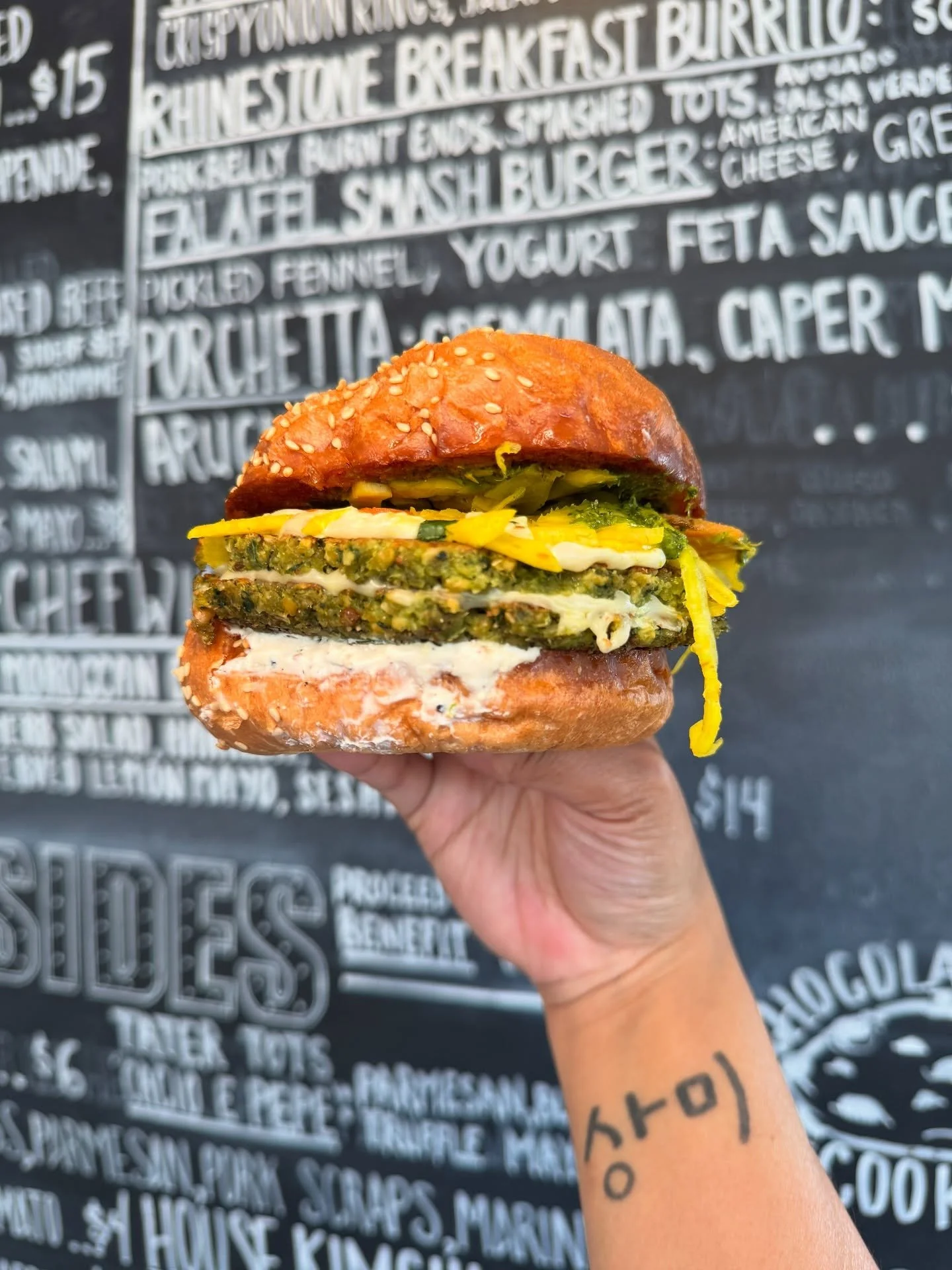 We love our veggie friends AND this one&rsquo;s for you! ✨ Falafel Smash 💥 Burger with American cheese, green zhoug, pickled fennel, and a yogurt feta sauce. We are open regular hours today from 11am-10pm. &hearts;️ 
&bull;
&bull;
&bull;
#pdxnow #pd