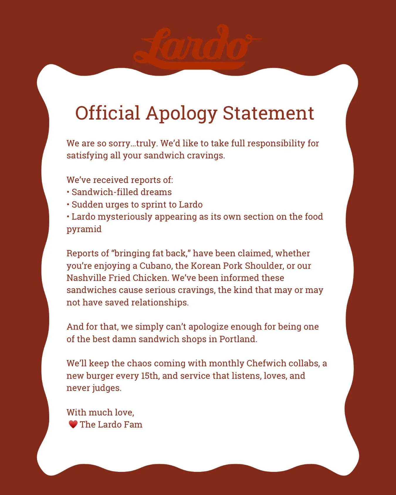 Have you heard the reports?! We are SO sorry! Just a reminder that we love you all and can&rsquo;t wait to see you REAL SOON! We are open until 10pm tonight. &hearts;️ 😜 
&bull;
&bull;
&bull;
#pdxnow #pdxeats #pdx101 #portland #oregon #pdx #travelpo