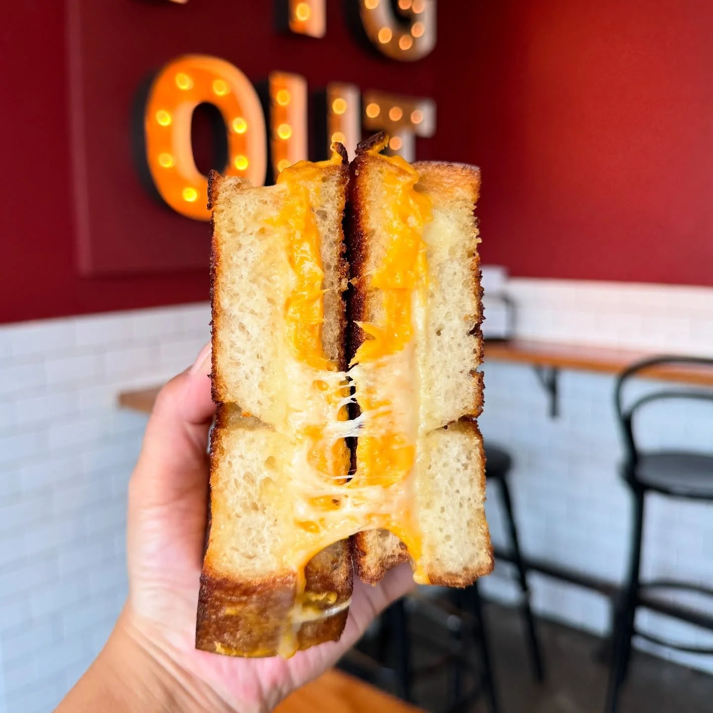 It&rsquo;s a perfect evening for a grilled cheese! 🍞 🧀 Toasted with love and you know you&rsquo;re going to get that satisfying cheese pull! 😋 We are open until 10pm tonight! Add our tomato 🍅🥫soup and it&rsquo;ll mend any broken heart. 💔 
&bull