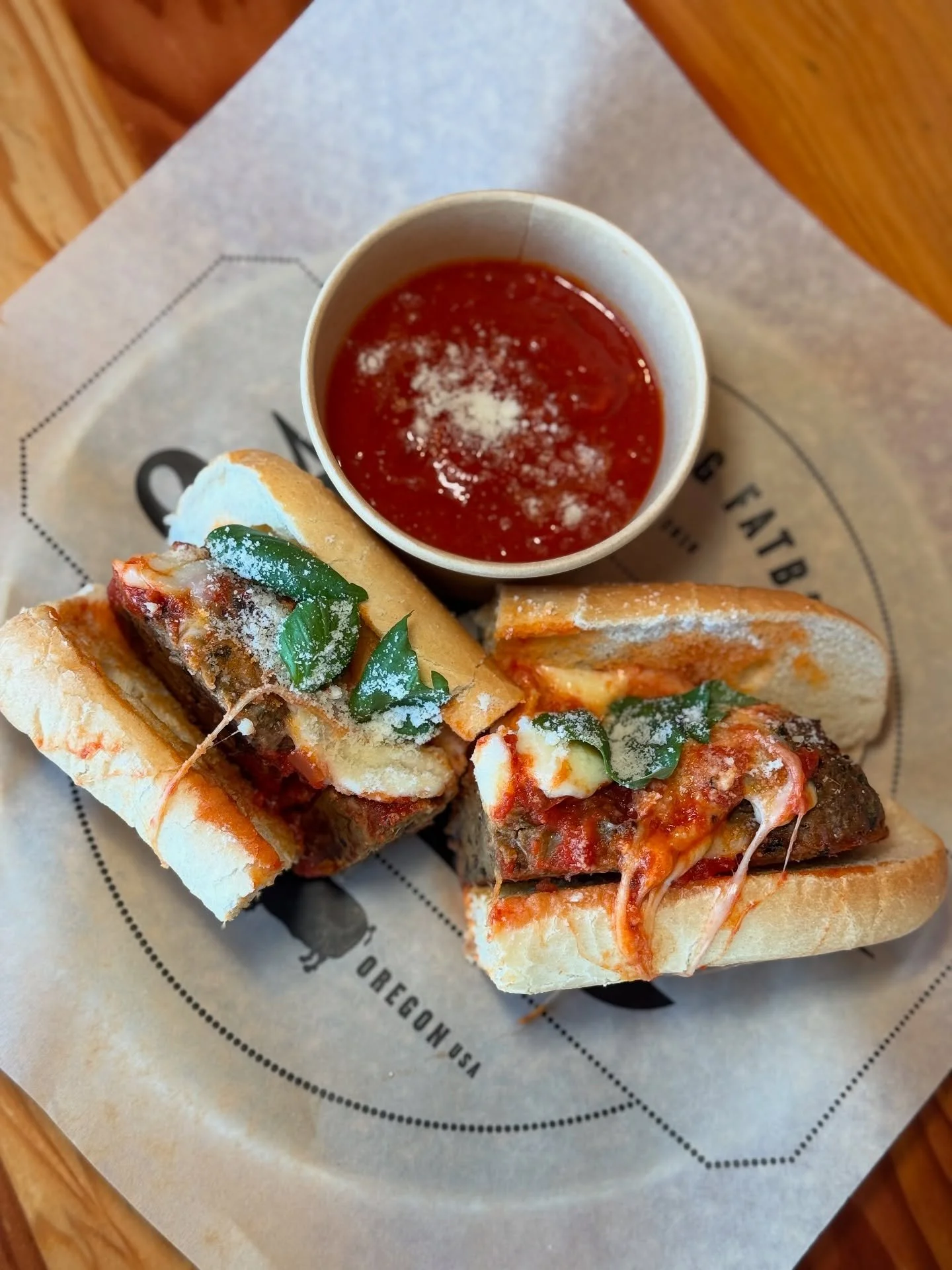 NOMEATball Sub with roasted eggplant + mushroom balls, mozzarella, parmesan, basil, and @grassapdx marinara! Come and get it veggie friends! 🍄 🍆 ✨ 
&bull;
&bull;
&bull;
#pdxnow #pdx101 #pdxeats #pdx #portland #nomeat #veggie #vegetarian #sandwiches