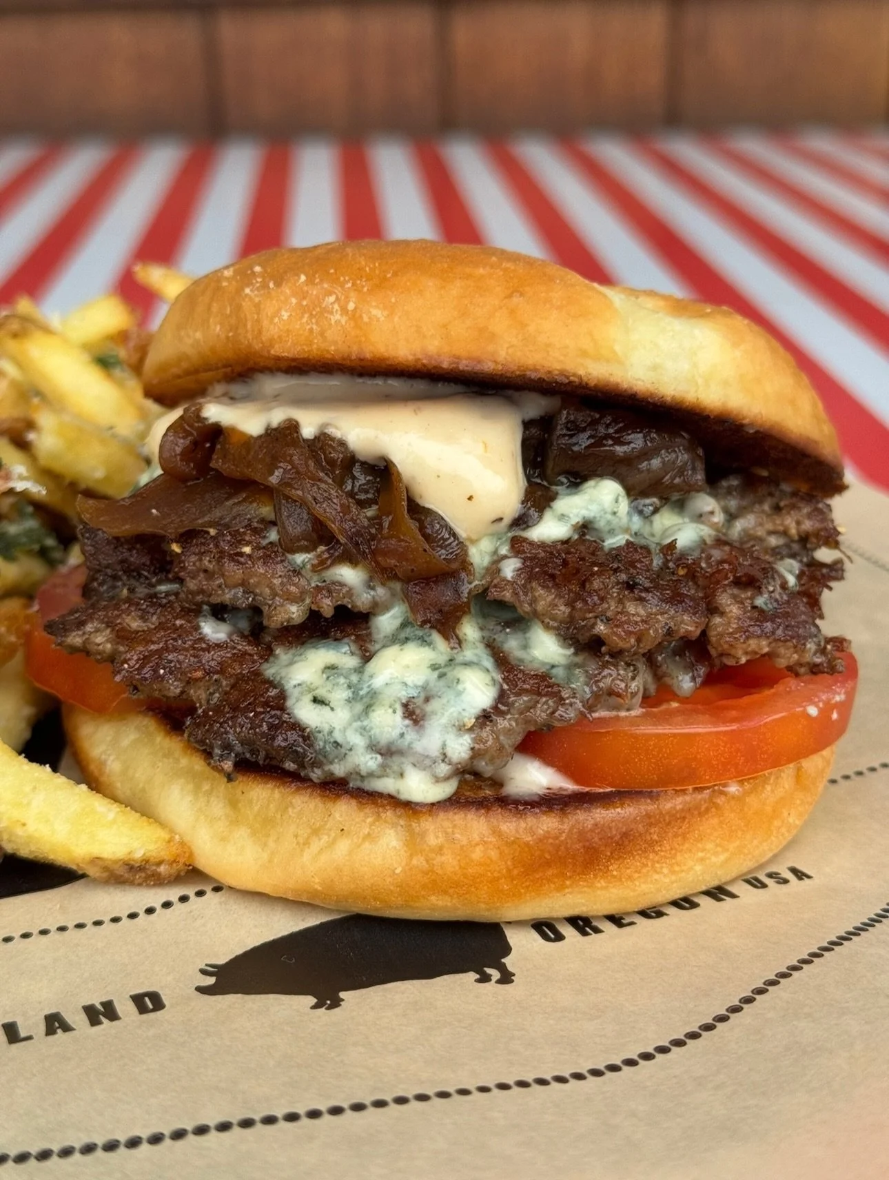 Swipe to zoom in! 😮 Steakhouse flavor, no reservations required! 🥩 ✨ Loaded with blue cheese crumbles, caramelized onions, tomato, 🍅 and smooth A1 mayo, this burger brings big, classic flavor in every bite. 

It&rsquo;s only $14, add bacon for $3 