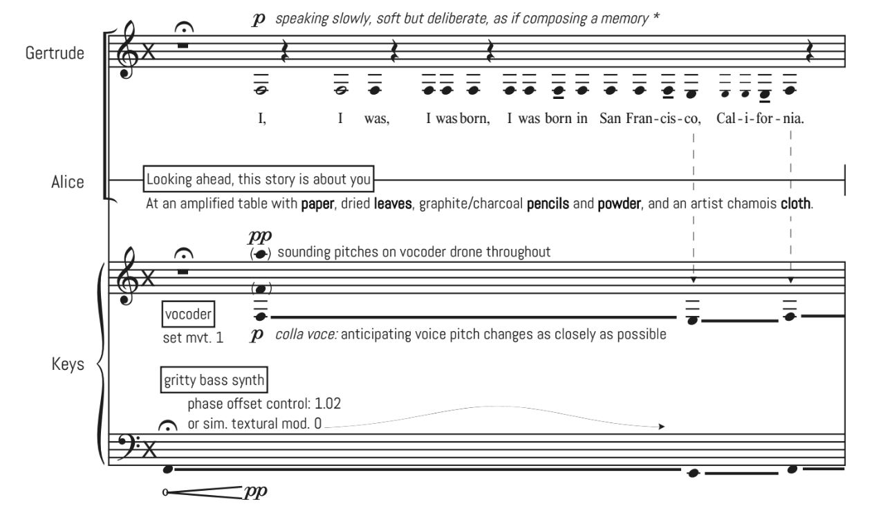 Score excerpt from movement 1 of At That Time. Gertrude, Alice, and keyboard vocoder.