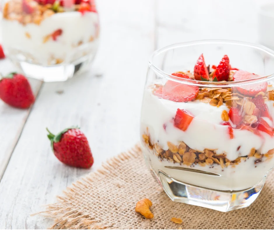 Breakfast parfait with strawberries.