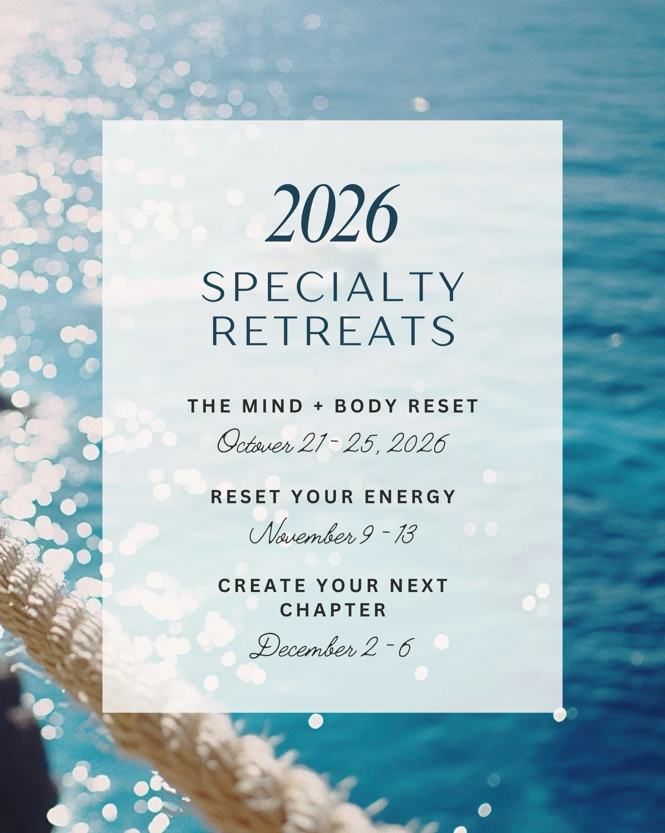 We&rsquo;re so excited to introduce our Upcoming Specialty Retreats this fall! ✨

Three specially curated retreat weeks, each with a unique focus designed to take your wellness experience a little deeper.

THE MIND + BODY RESET (The Sanctuary Experie