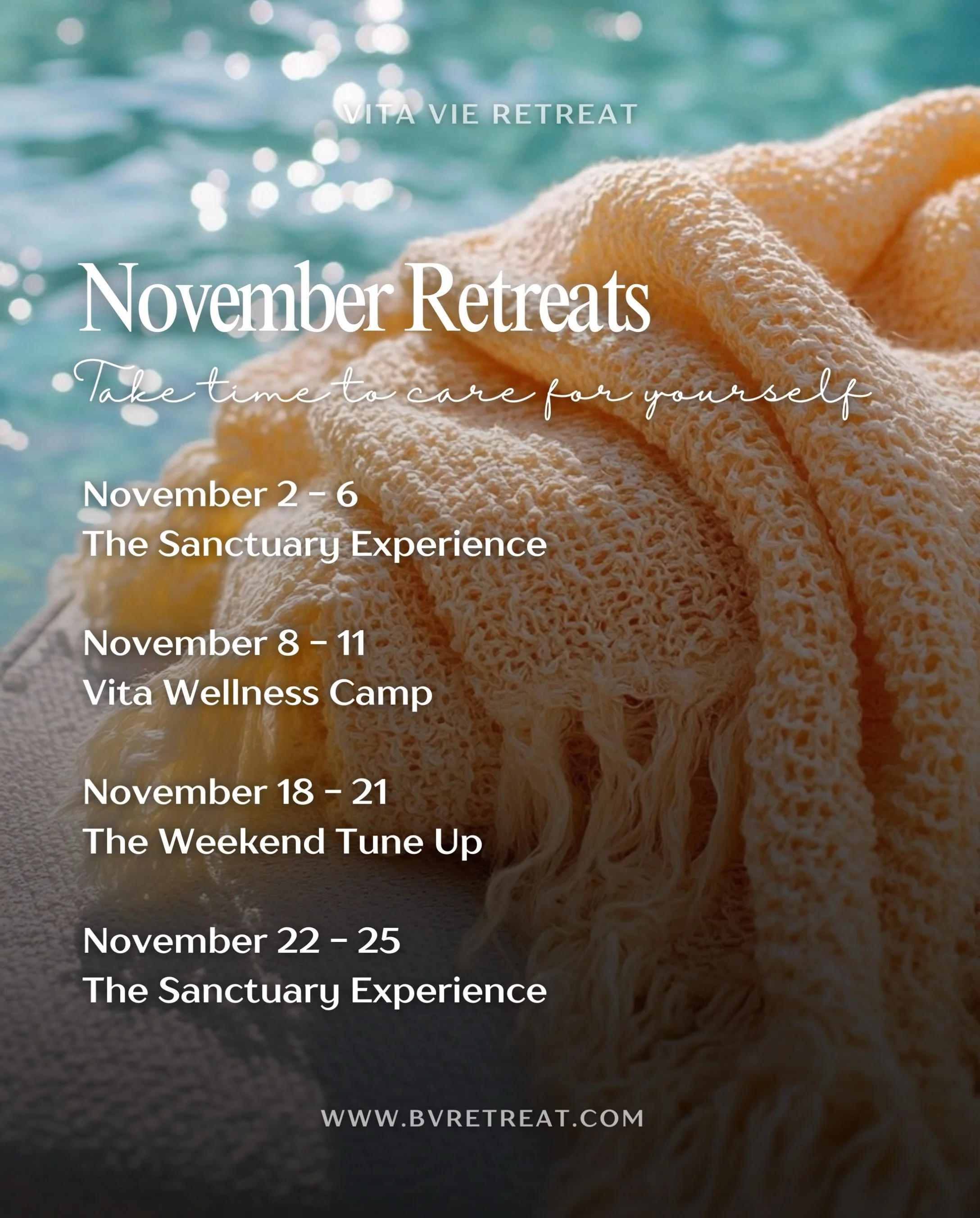 Take time to care for yourself. ✨ Our upcoming November wellness retreats. Info 🔗 in our profile for more information or send us a DM with questions.