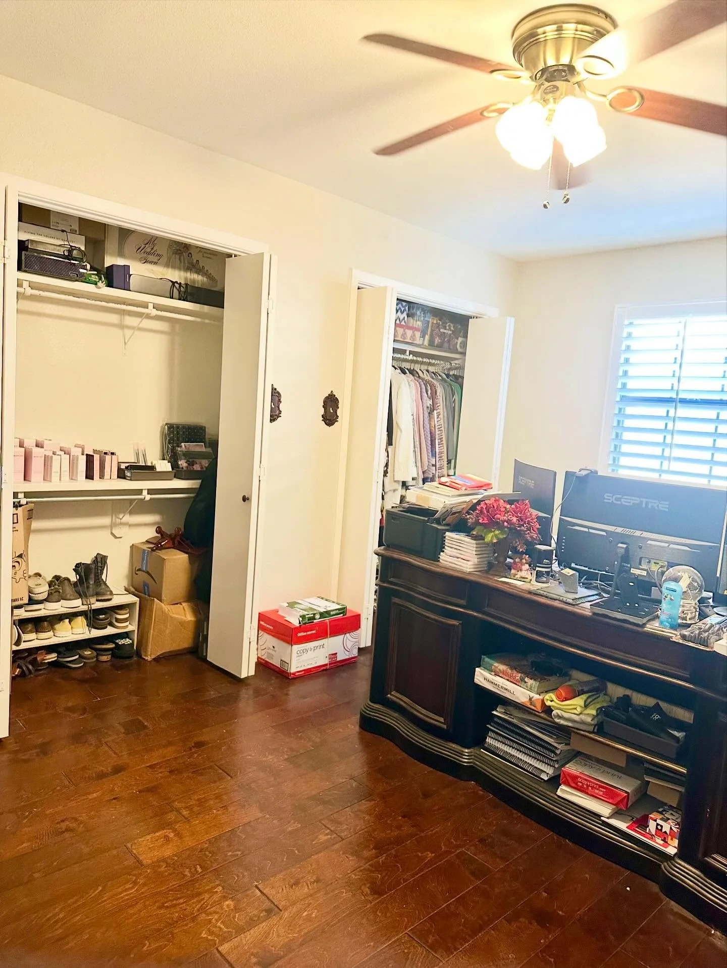 From a catch all room to a functioning office. We had a declutter party that featured clothes, boxes, bags, bins and gave this room the reset it deserves.

Check out the ways it was transformed:
&bull; Overflow from the master closet was condensed fr