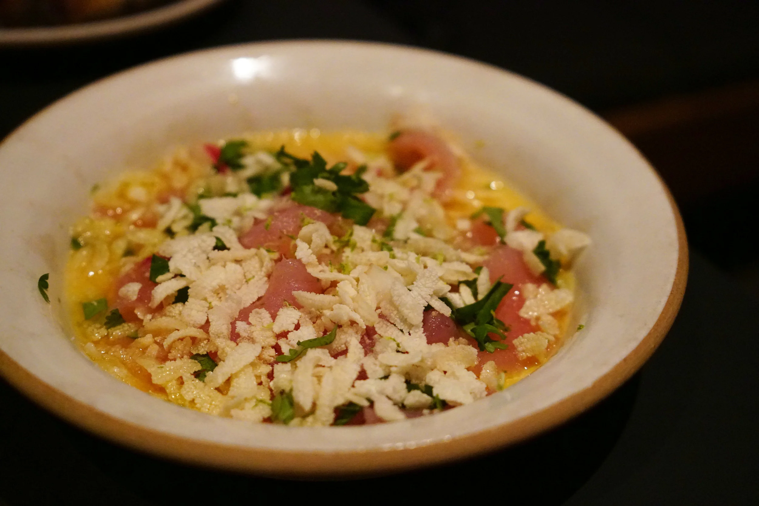Albacore Tuna Crudo with Citrus, Chilies, and Radishes at Loring Place in New York City