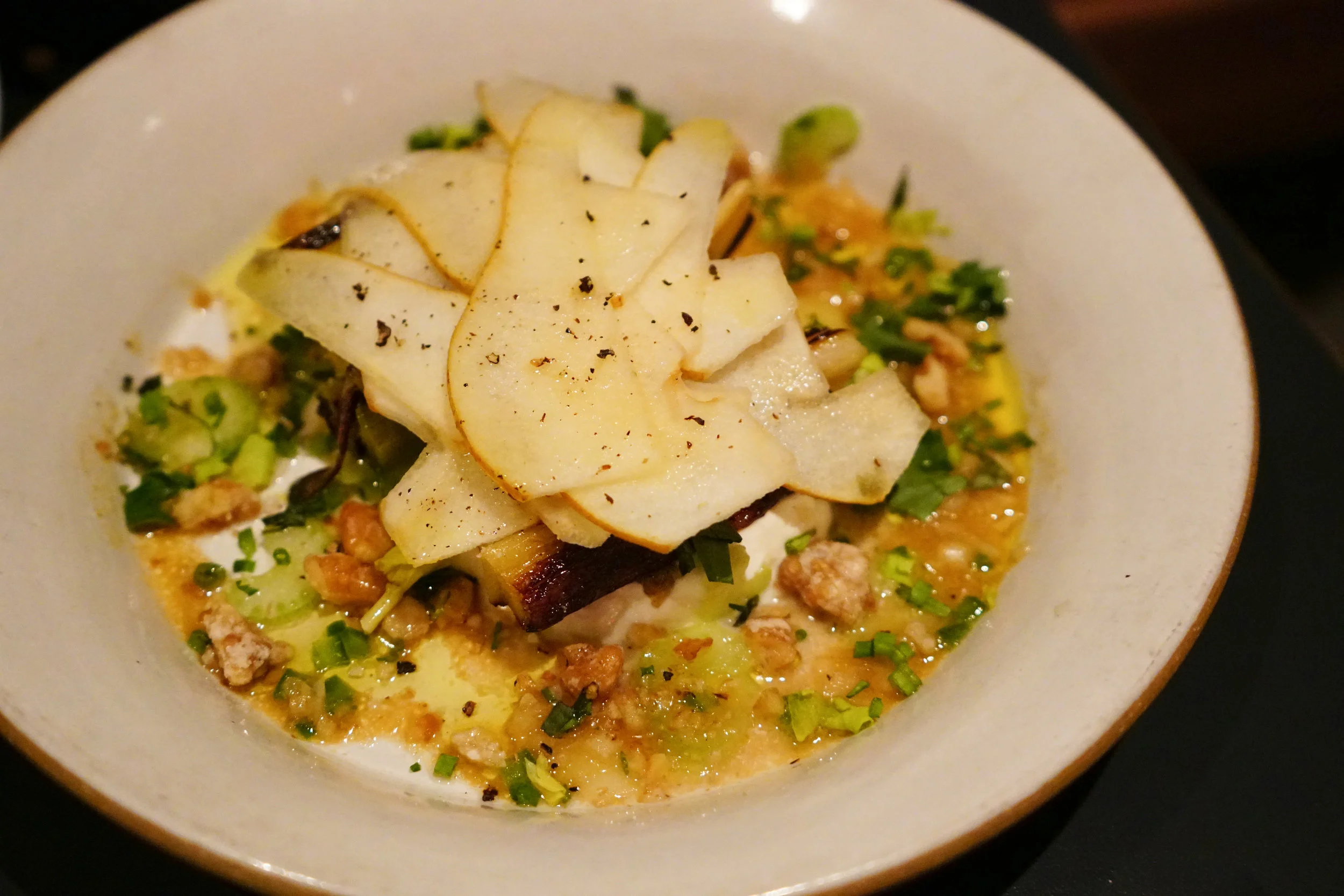 Leeks and Pears with Walnuts, Yogurt, and Sherry Vinaigrette at Loring Place in New York City