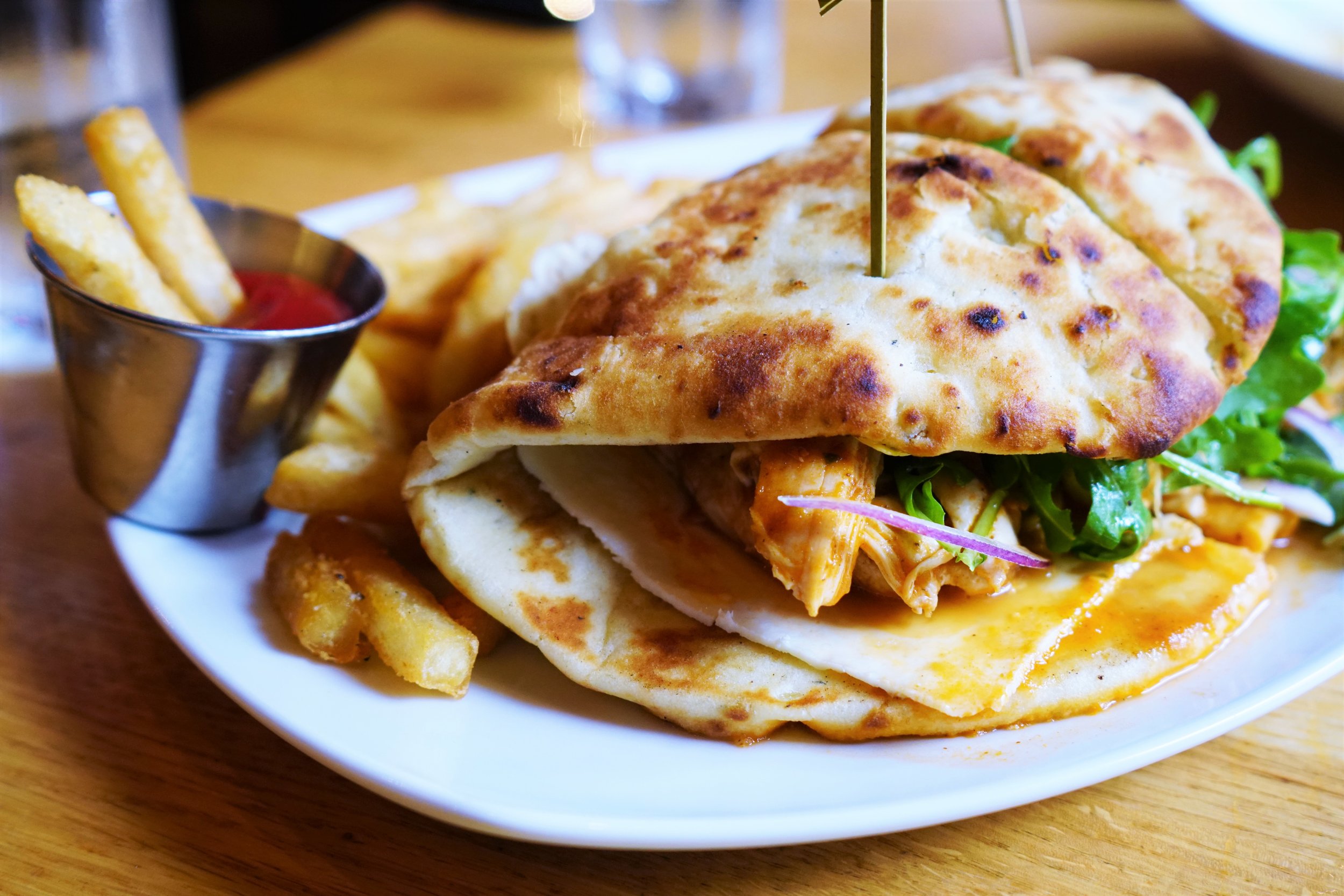 Chicken Tikka Sandwich and Fries at Tip Tap Room in Boston