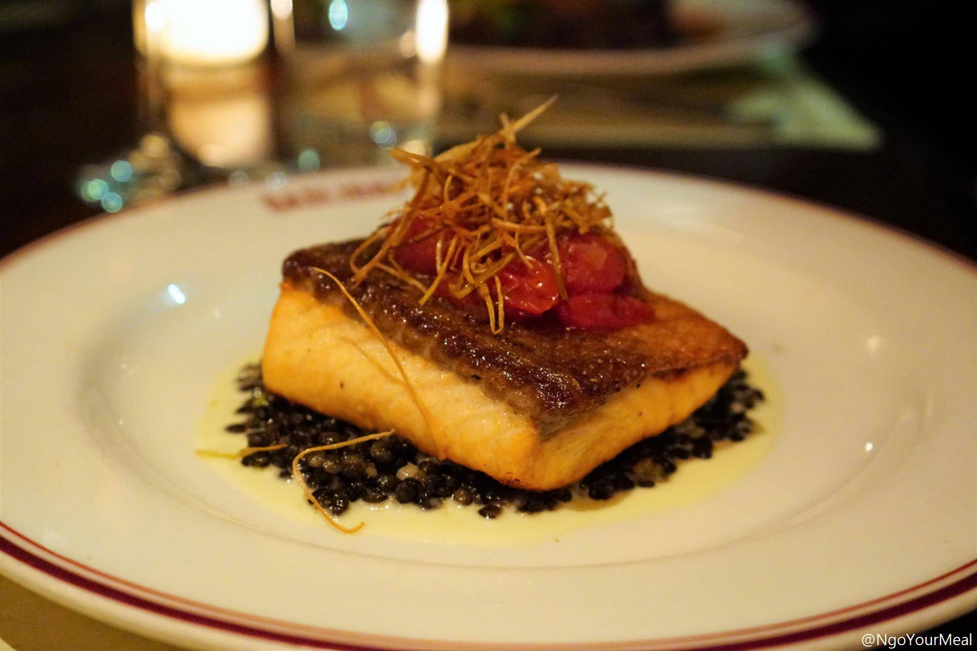 Pan-Roasted Salmon with French Lentils, Leek Soubise, Blistered Cherry Tomatoes, Crispy Leeks at Gaslight in Boston