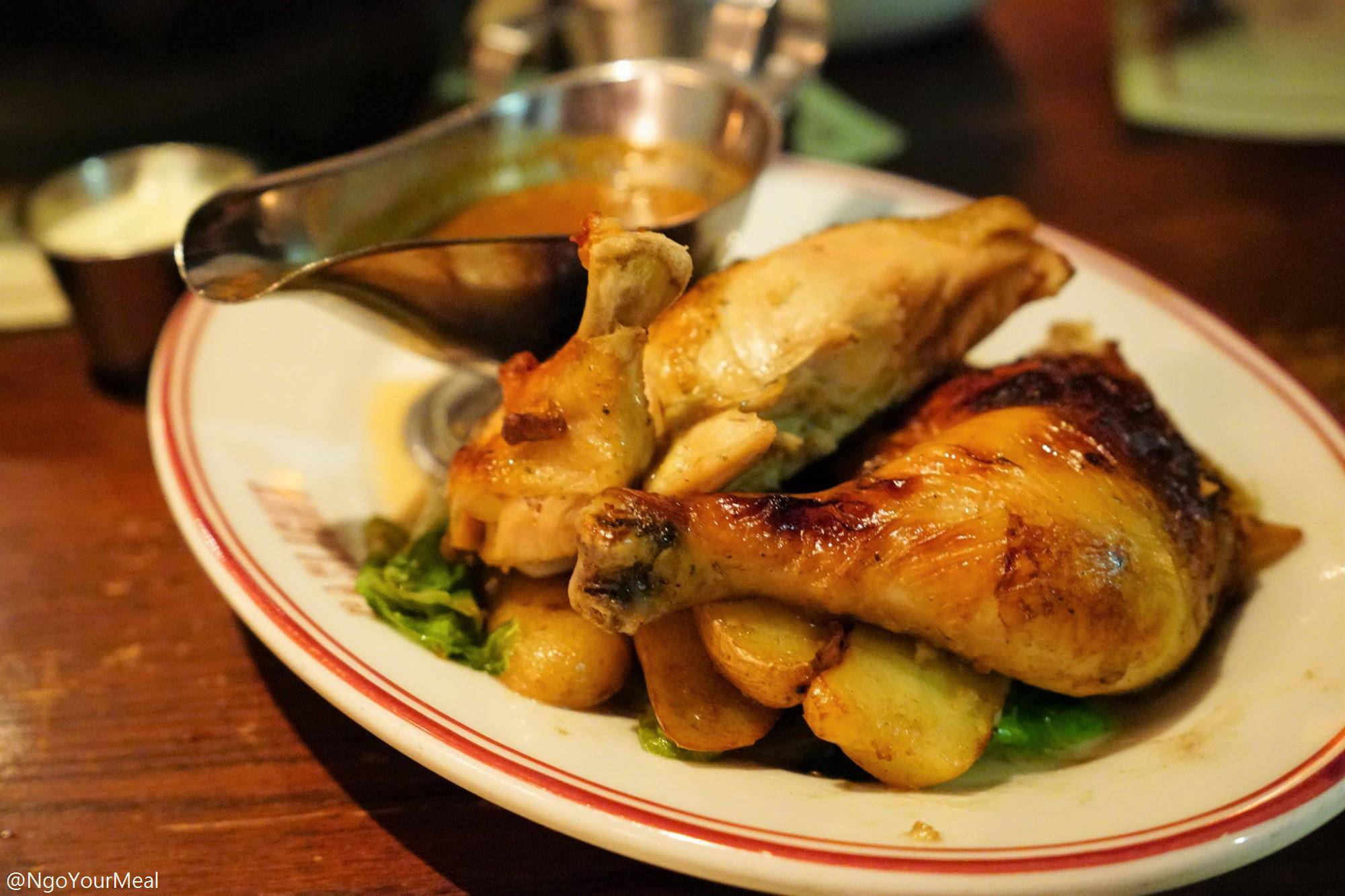 Rotisserie Chicken with Smoked Fingerlings, Escarole, Moutarde Violette at Gaslight in Boston