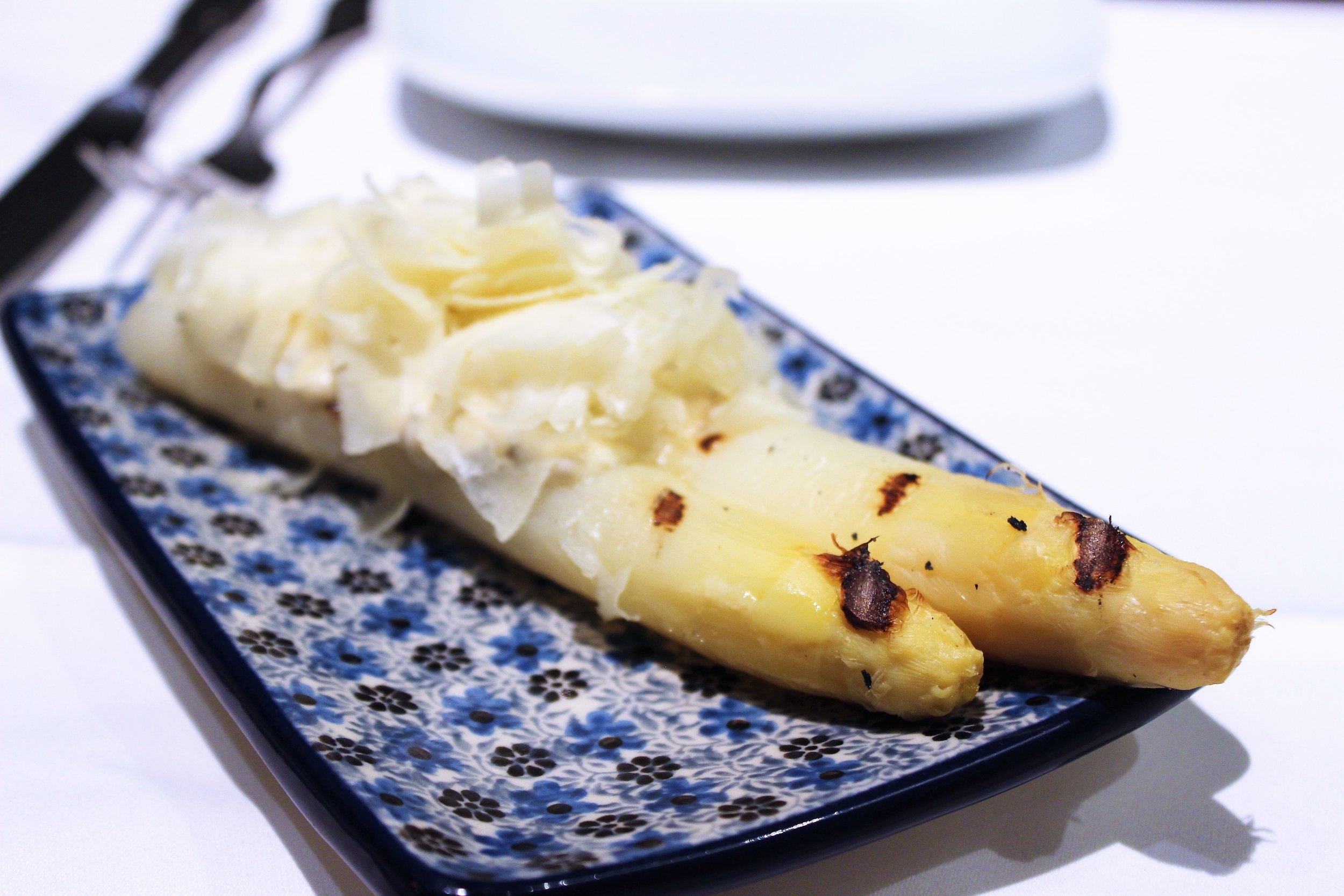 Grilled White Asparagus Truffled Mayonnaise and Idiazábal cheese at Igueldo in Barcelona