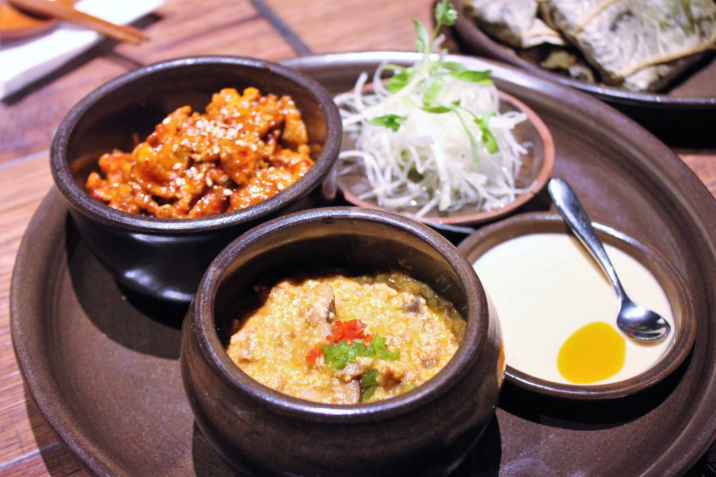 Ssam Platter with Spicy Pork and Gang-deon-jang at Oiji in New York City