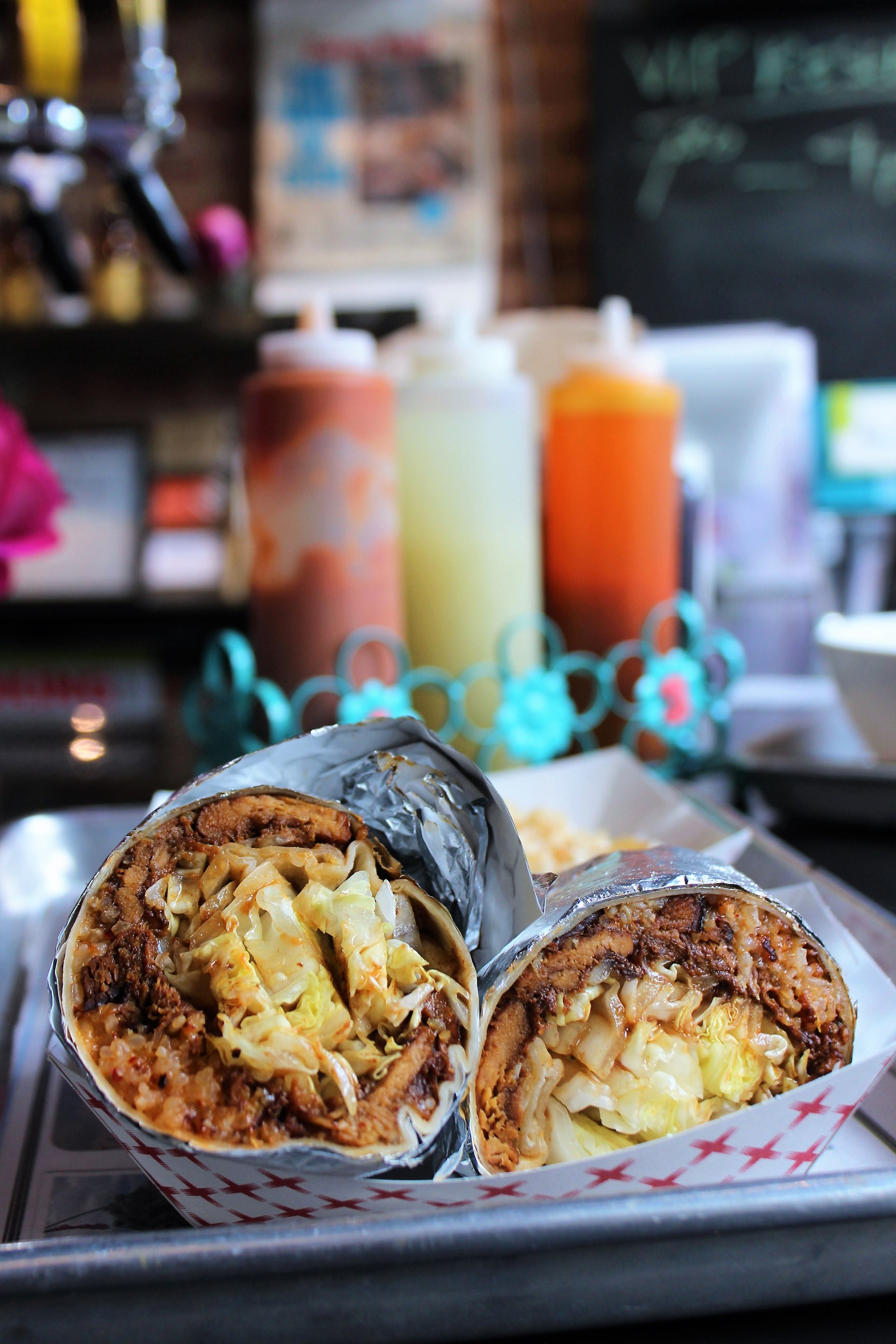 Adobo-Rito (Soy-Braised Chicken Burrito with Kimchi Fried Rice and Shredded Romaine)