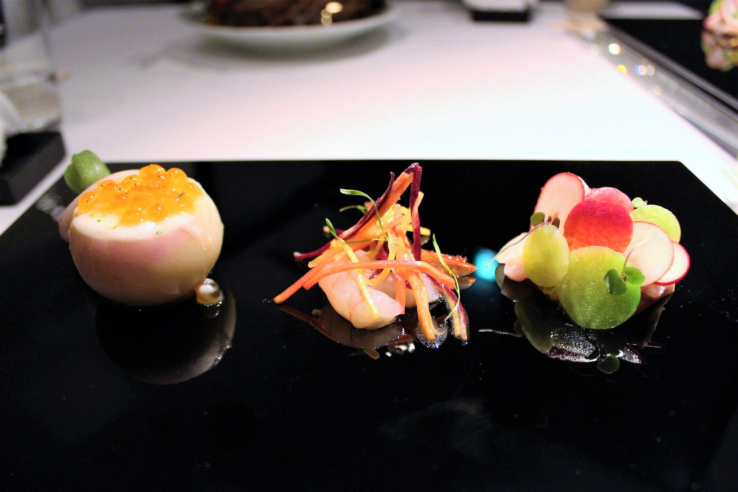 Salmon Roe & Hairy Crab in Turnip, Botan Shrimp, & Yellow Tail, Wasabi.JPG