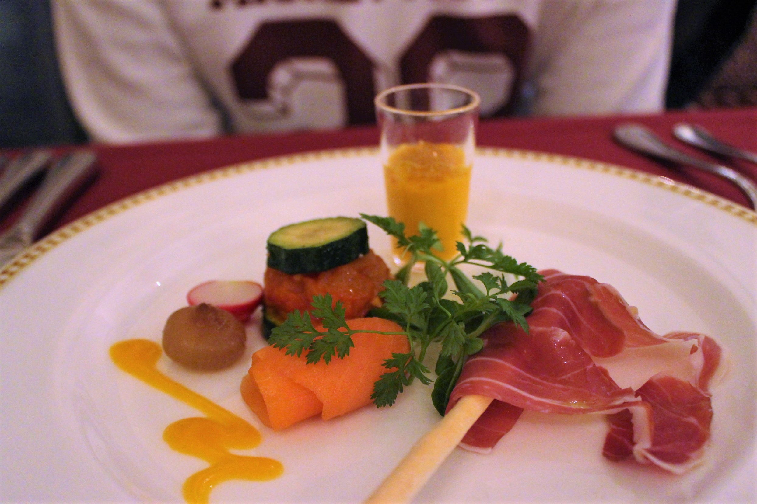 Hors D'oeuvres Sampler (Salmon Sashimi, Ratatouille, Prosciutto, Carrot Mousse) at Magellan’s in DisneySea, Tokyo, Japan