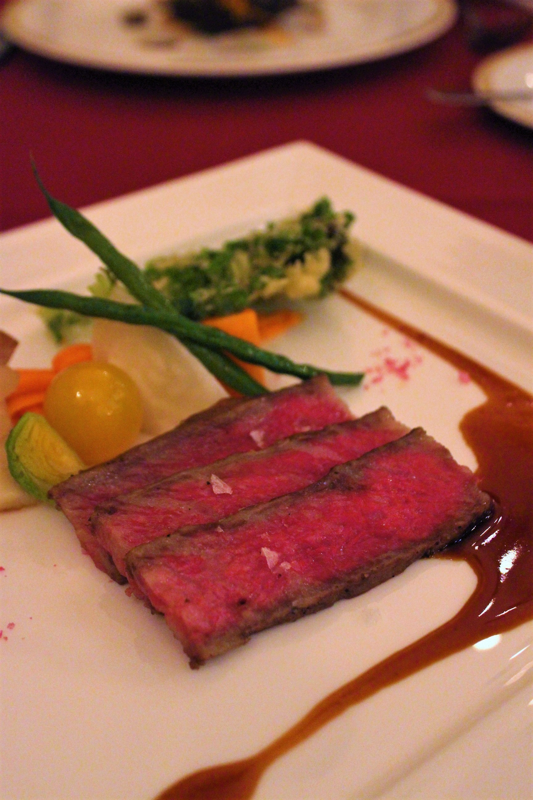 Roasted Kuroge Wagyu Beef topped with Madeira Sauce and Pink Crystal Salt at Magellan’s in DisneySea, Tokyo, Japan