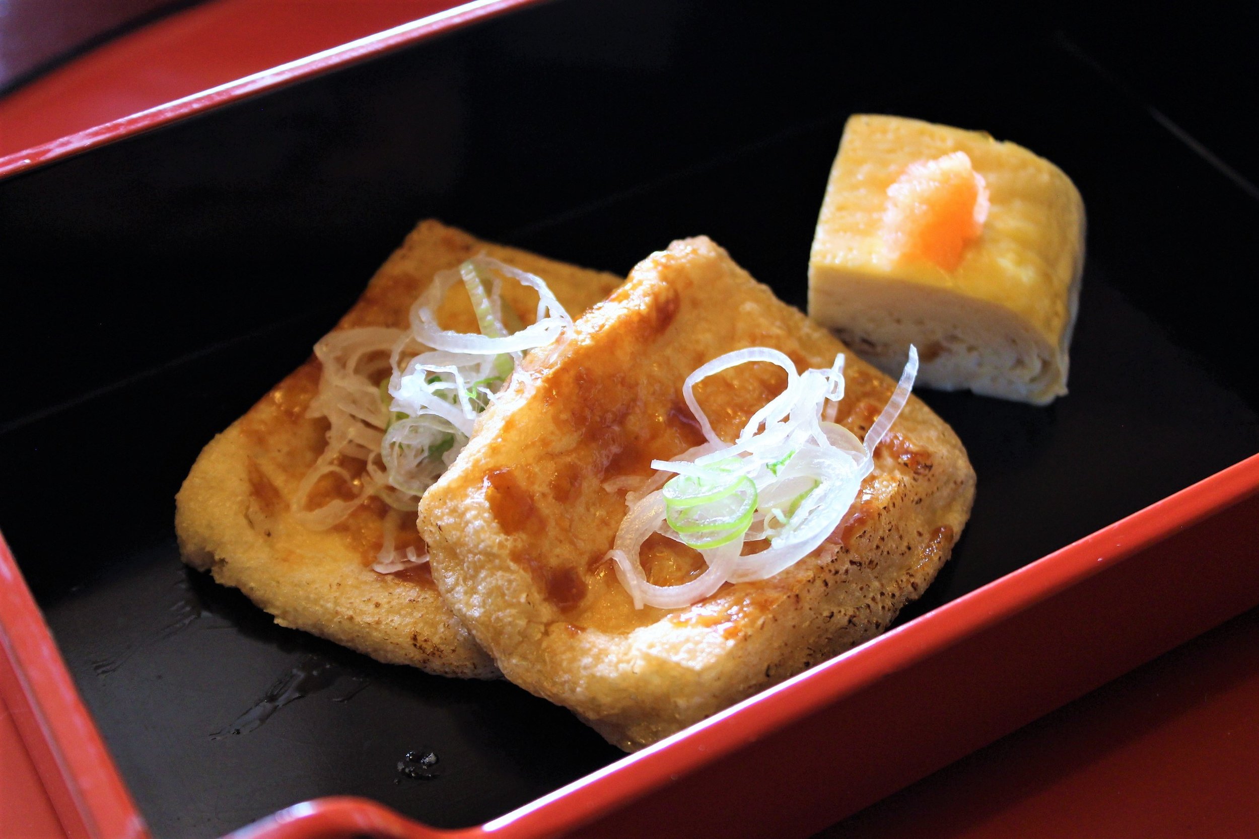 Age Dengaku Deep Fried Tofu Coated with Miso and Scallions at Tokyo Shiba Tofuya Ukai in Tokyo, Japan