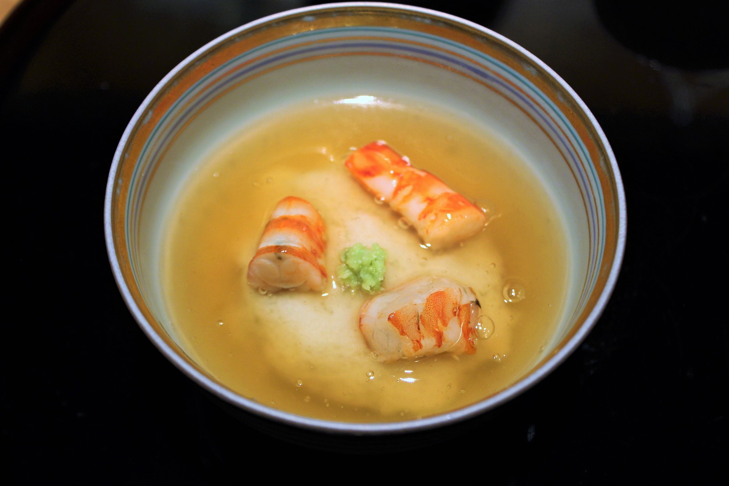 Shrimp, Turnip, Wasabi, and Gingko in Warm Dashi Jelly