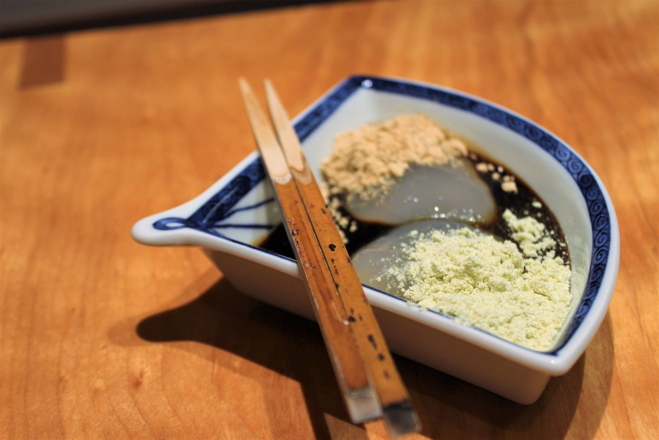 Warabi-mochi Bracken Starch Jelly covered in Kinako Toasted Soybean Flour