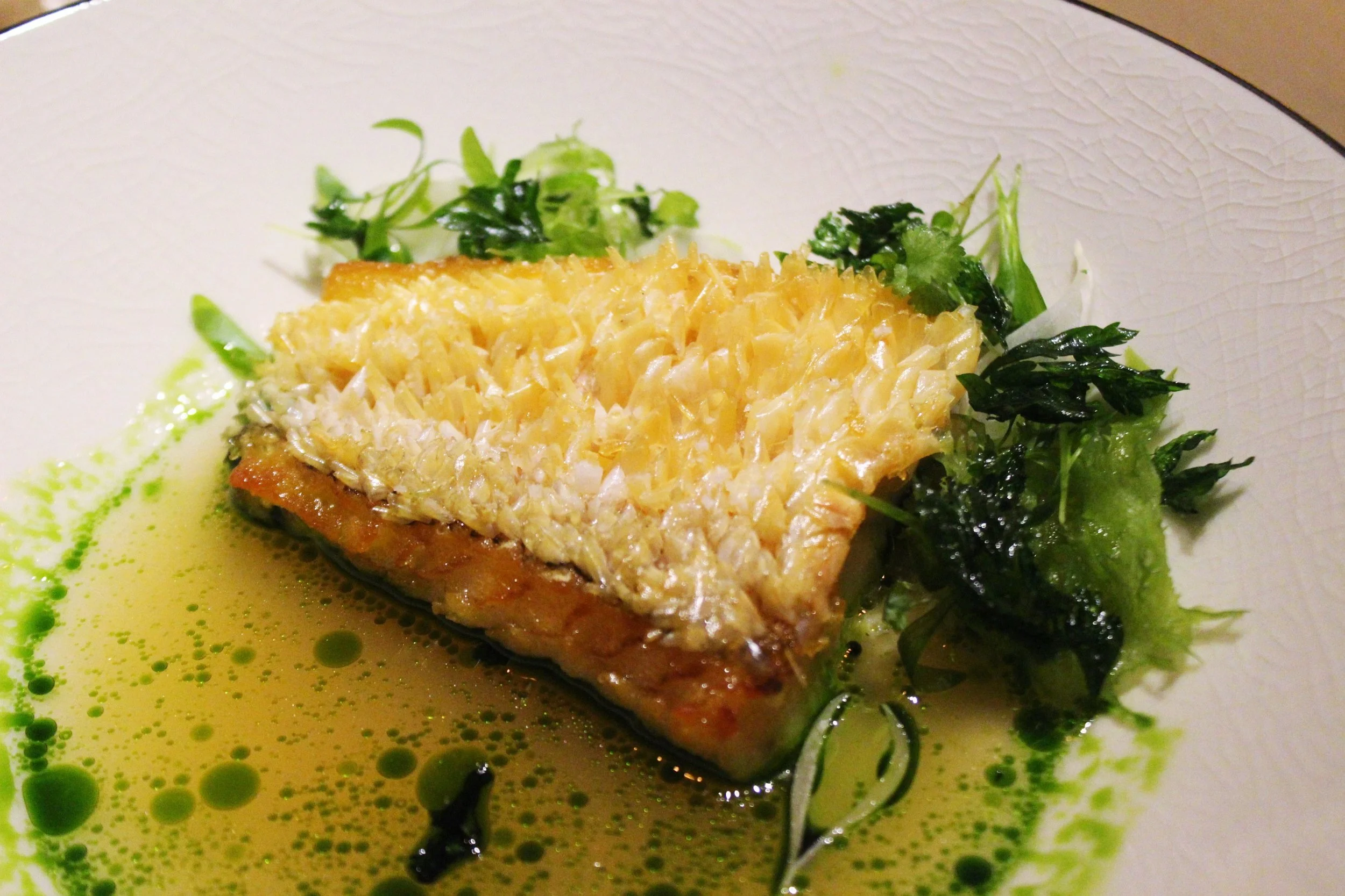 Crispy Amadai in Aromatic Broth with Engawa Parsley and Lemon Thyme at Mume in Taiwan