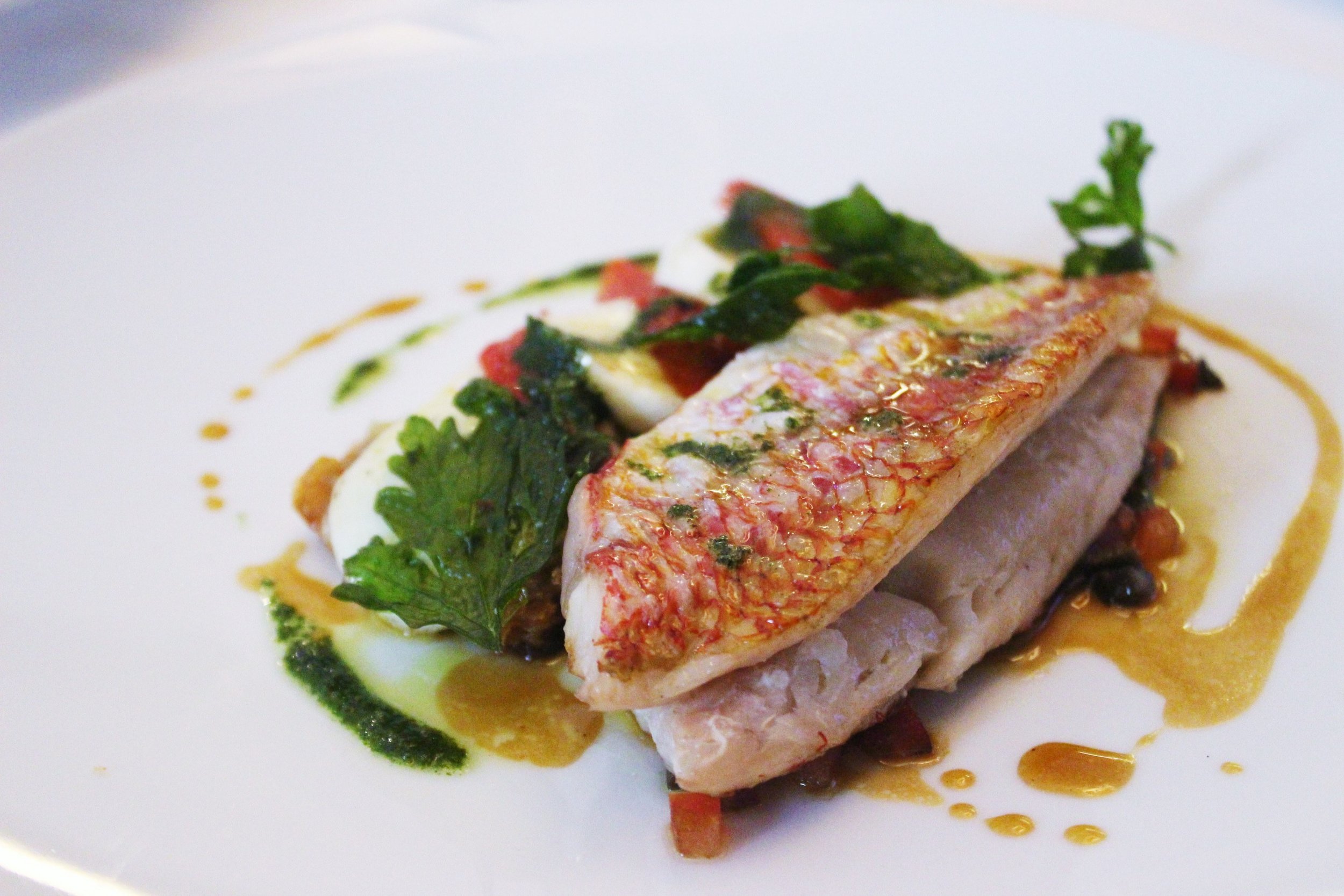 Red Mullet with Crisp Tart of Confit Tomatoes and Mozzarella