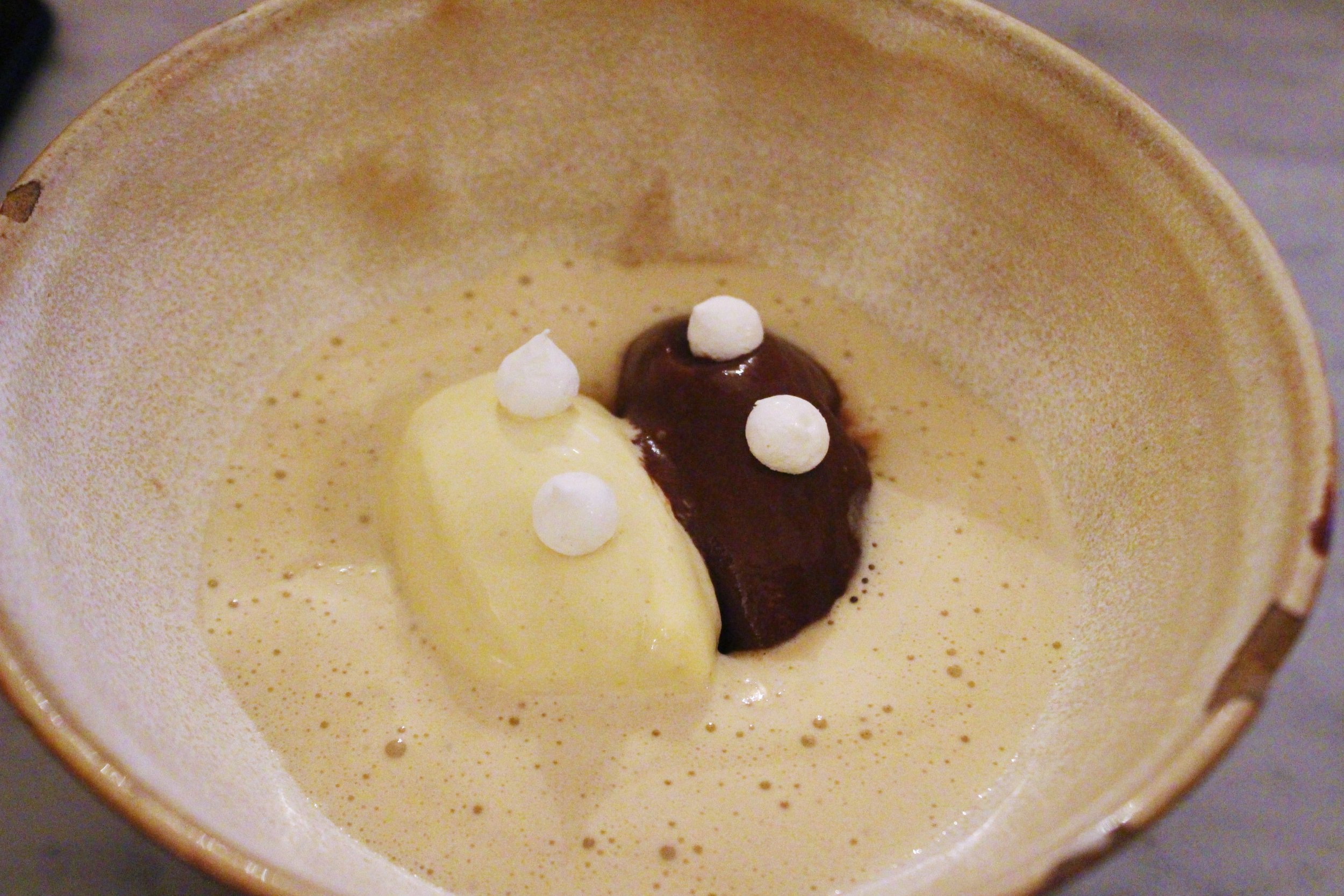 Malt Ice Cream, Chocolate Sorbet, Espresso Espuma, Milk Crumb