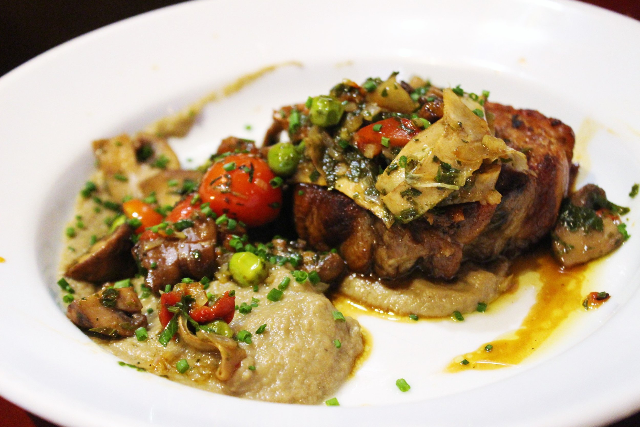 Veal Breast Confit, Eggplant Caviar, Fried Artichokes and Mushrooms