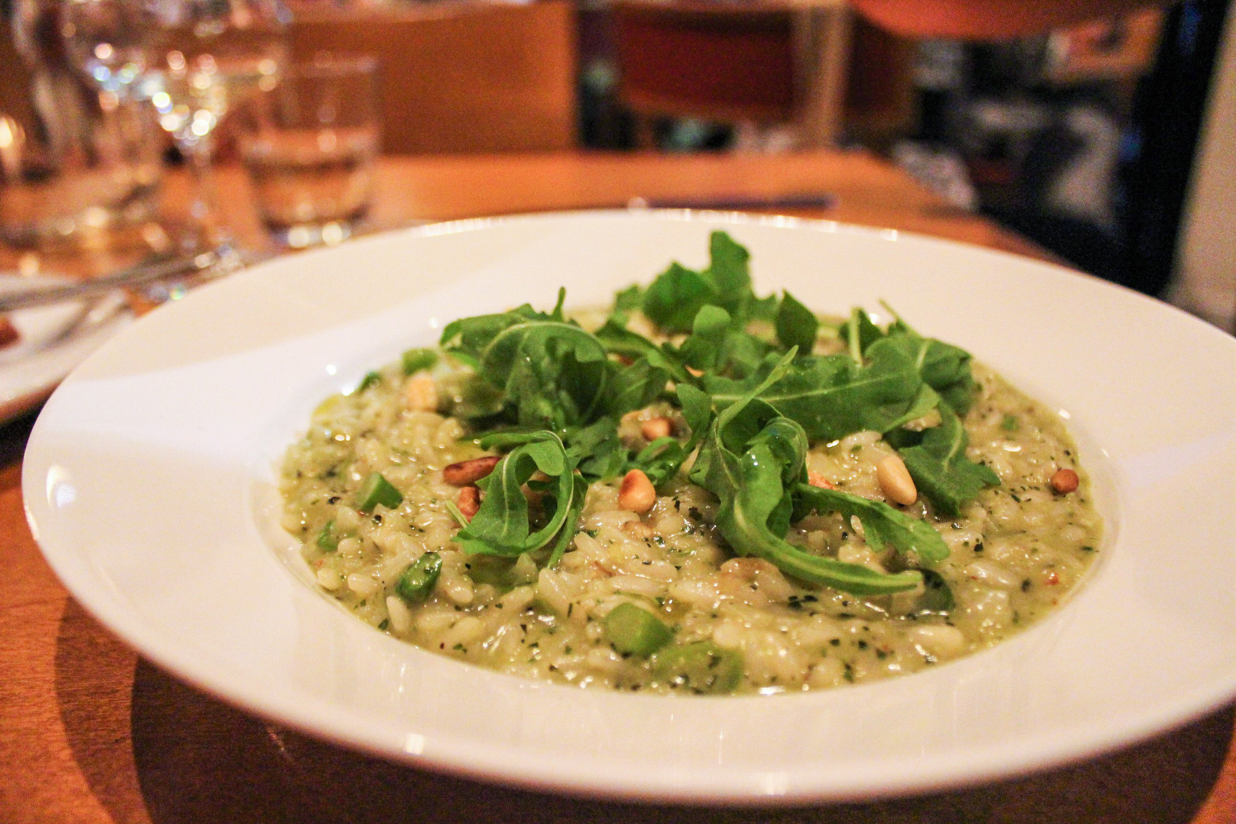 Risotto, Green Beats, Basil Pesto, and Pine Nuts 