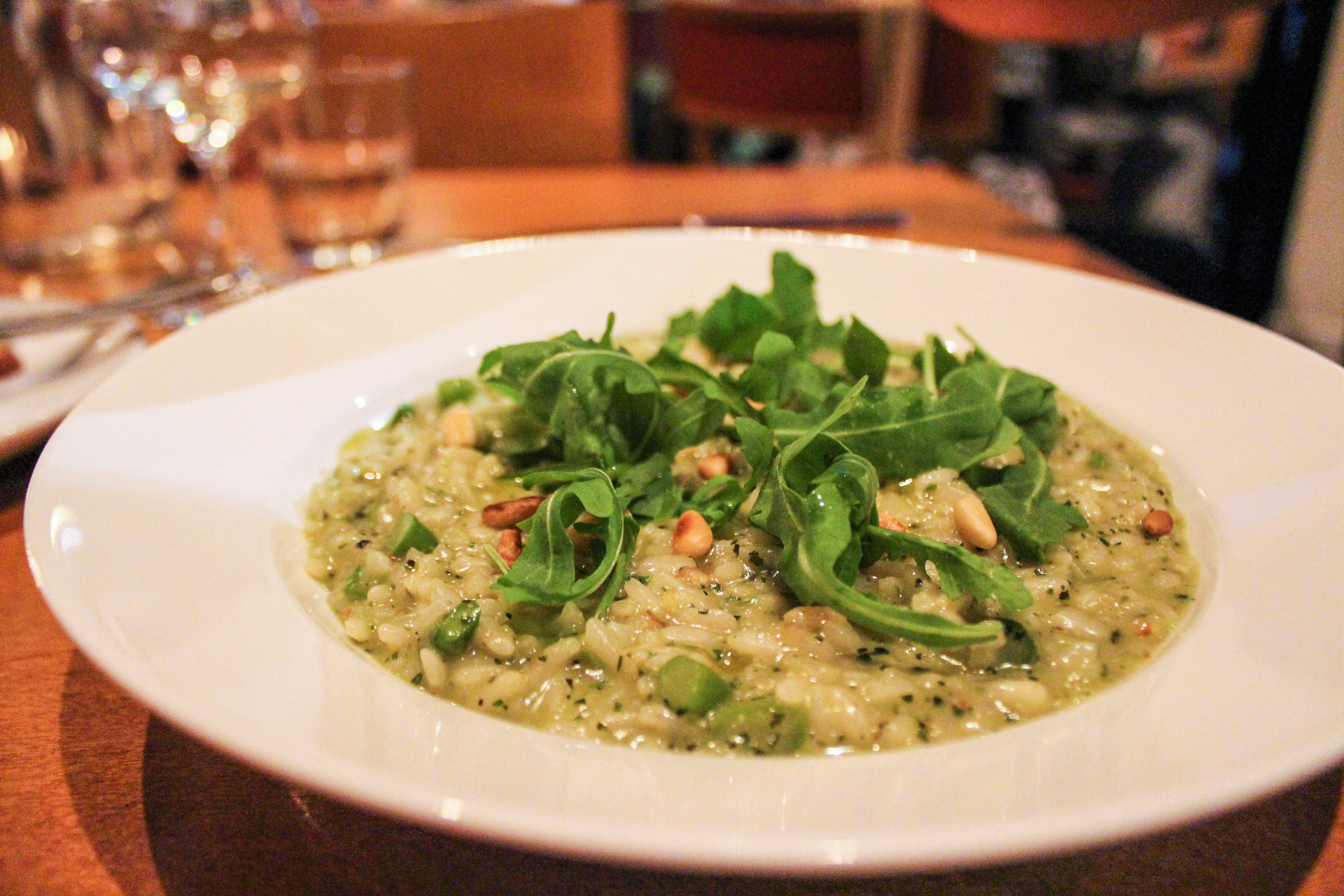 Risotto, Green Beats, Basil Pesto, and Pine Nuts