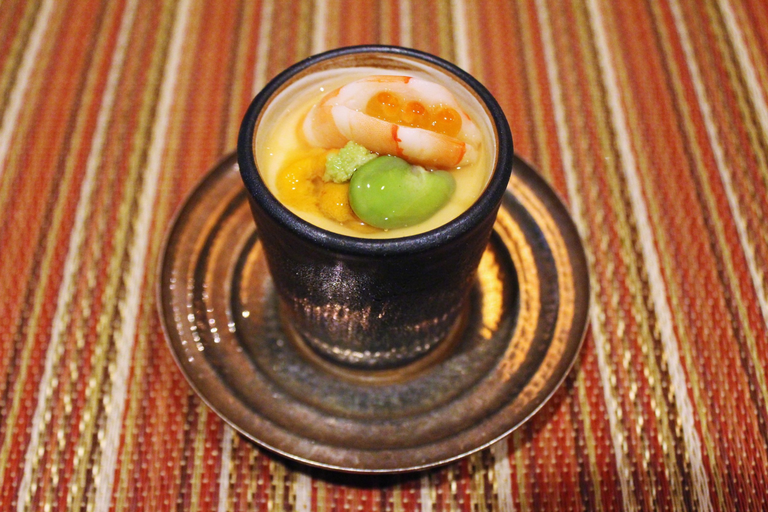 "Sakizuke" Second Course: Chilled Tamaji-Mushi, Shrimp, Uni, Lima Bean, and Gin-an