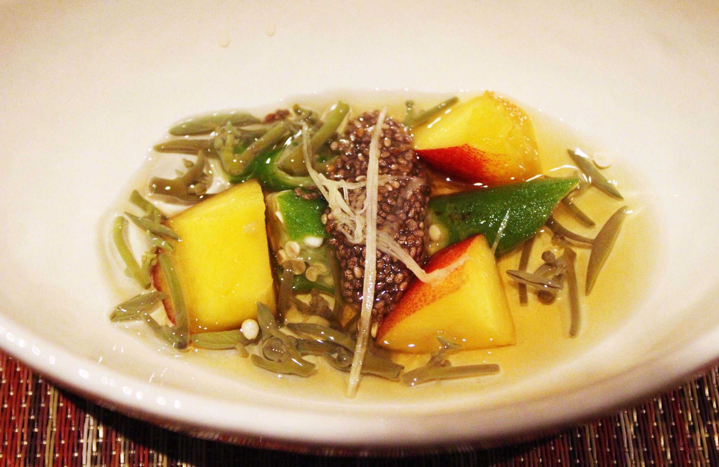 "Tomezakana" Eighth Course: Junsai Fresh Water Shield, Okura, and Nectarine with Chia Seed Vinegar