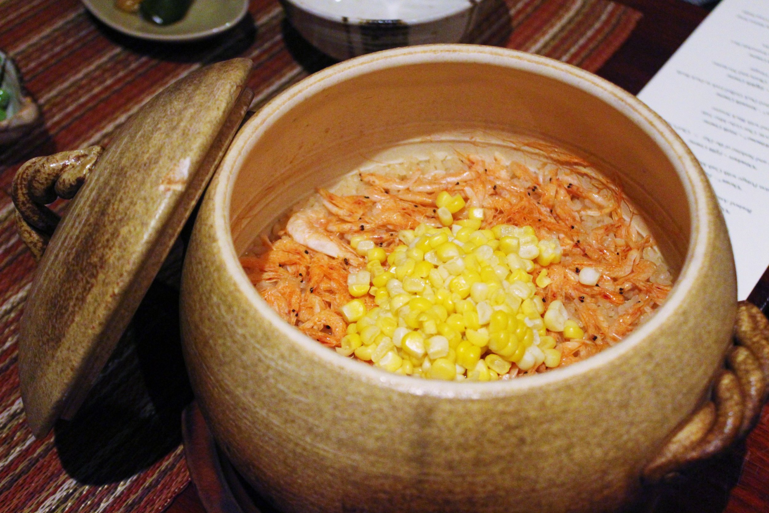 "Oshokuji" Ninth Course: Sakura Shrimp and Peter Corn Kamadaki Rice with Red Miso Soup and Pickles