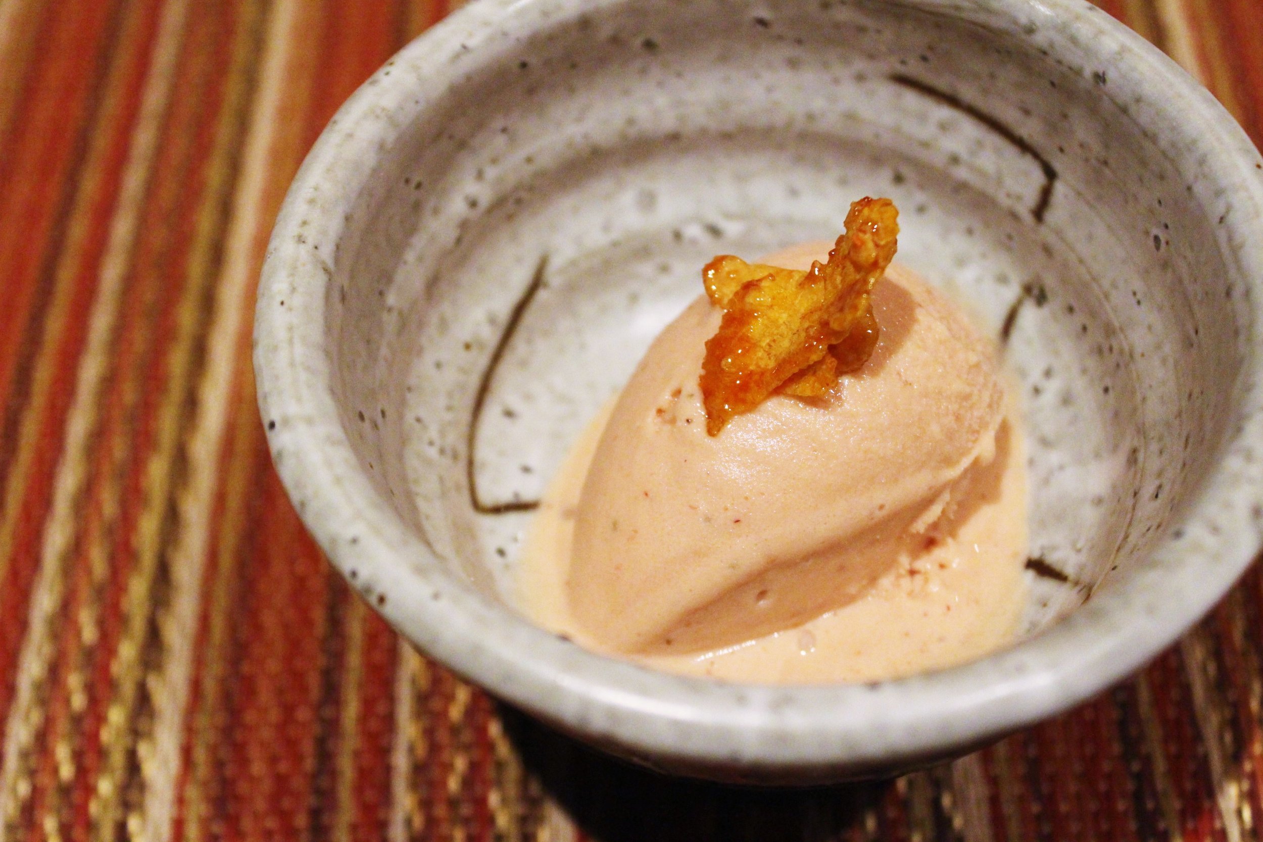 Dessert: Strawberry Ice Cream with Caramelized Corn Flake