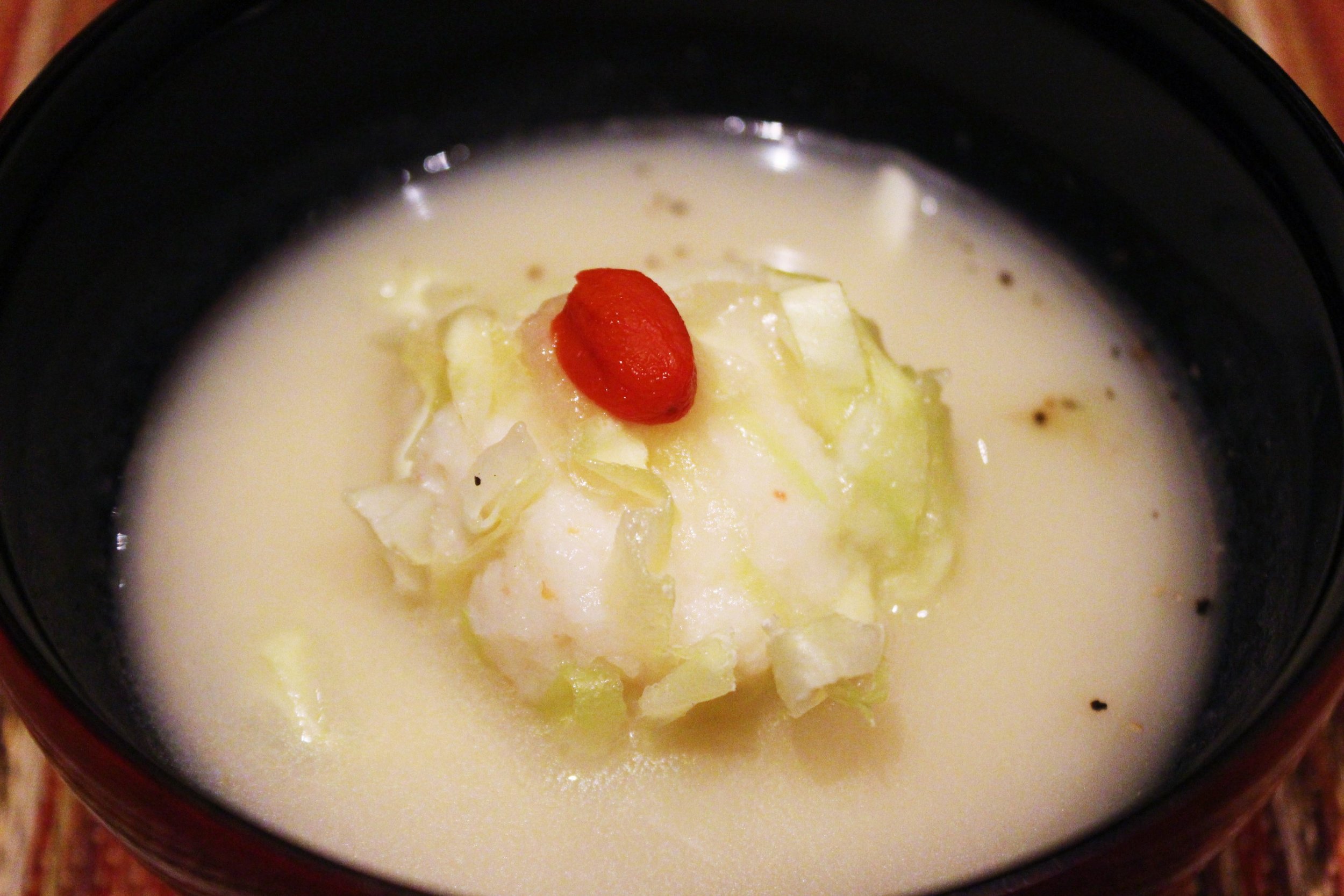"Owan" Fourth Course: Onion Potage with Crab Mousse and Cabbage