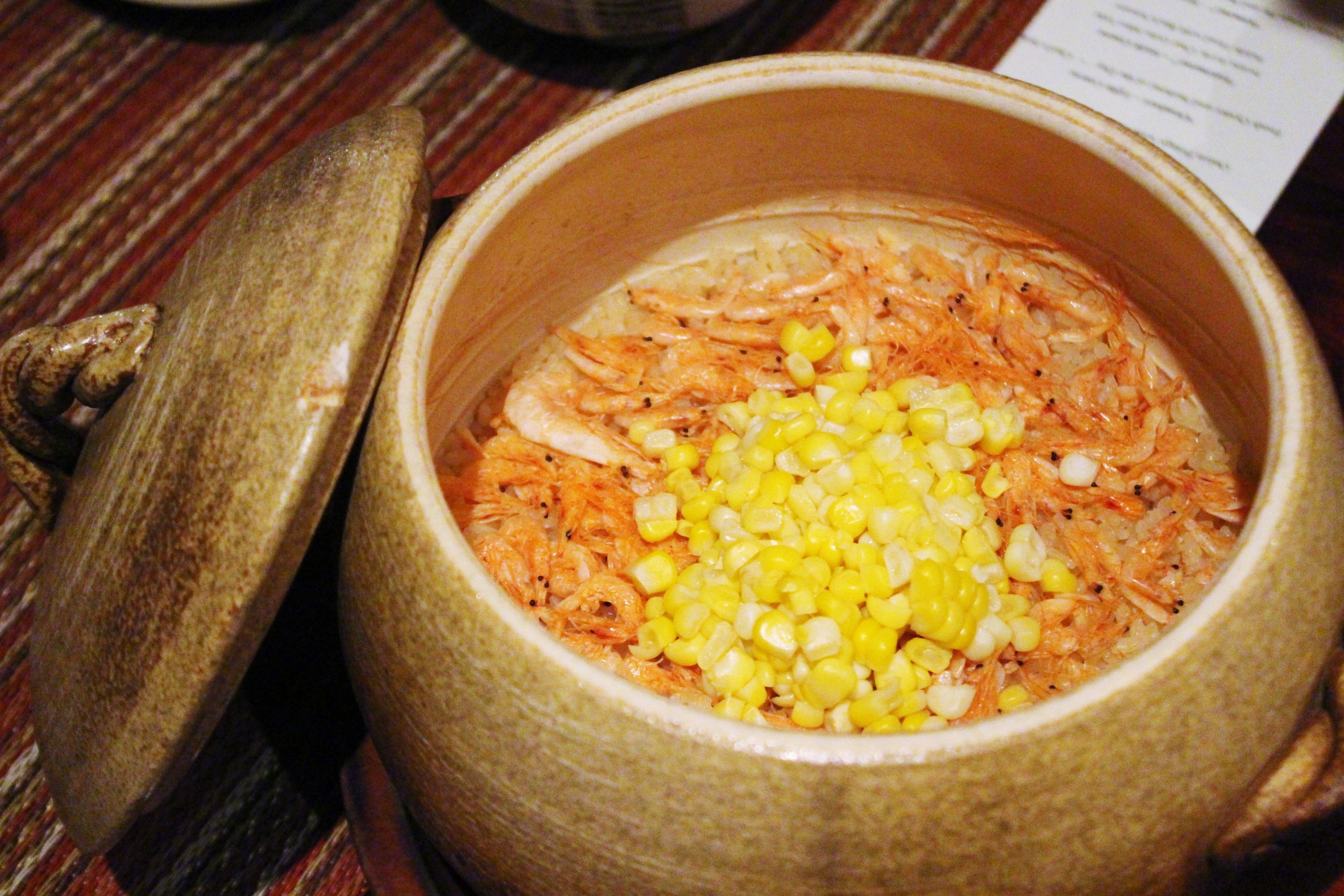 "Oshokuji" Ninth Course: Sakura Shrimp and Peter Corn Kamadaki Rice with Red Miso Soup and Pickles