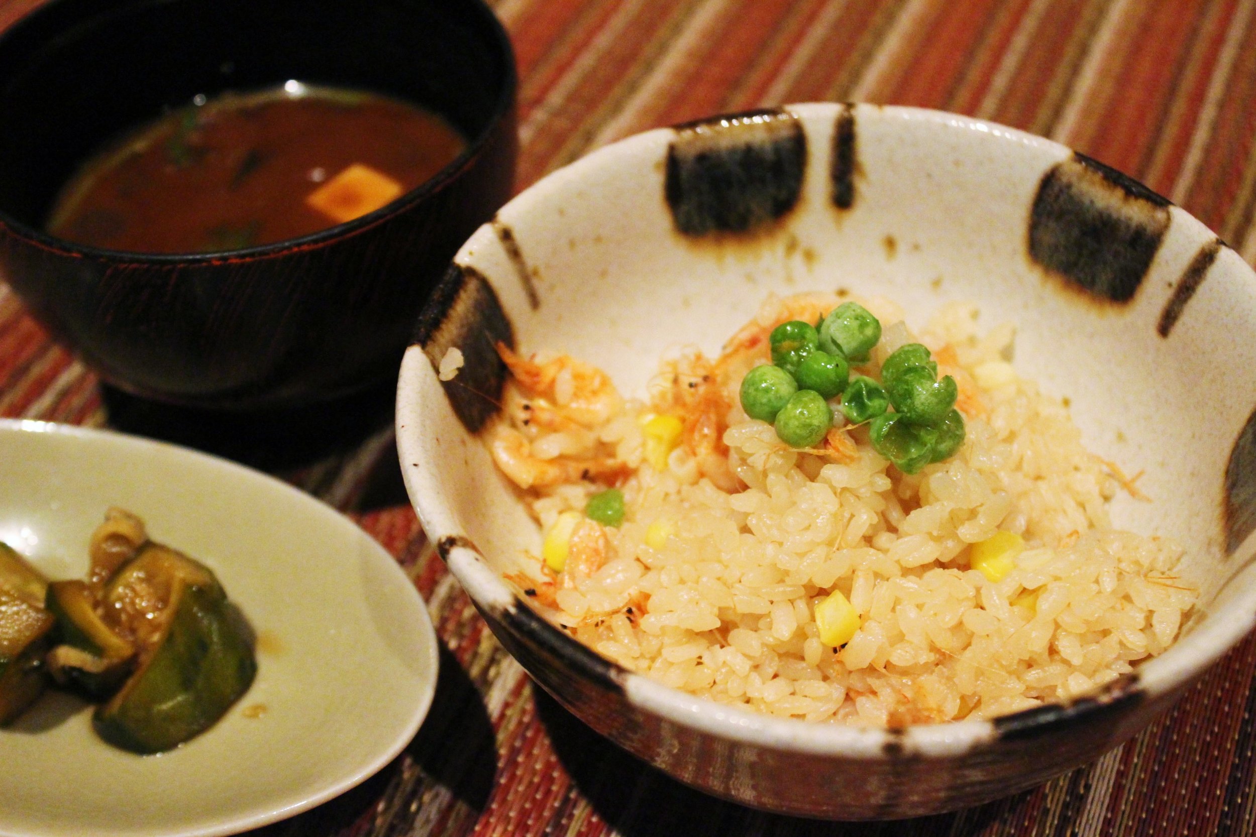 "Oshokuji" Ninth Course: Sakura Shrimp and Peter Corn Kamadaki Rice with Red Miso Soup and Pickles