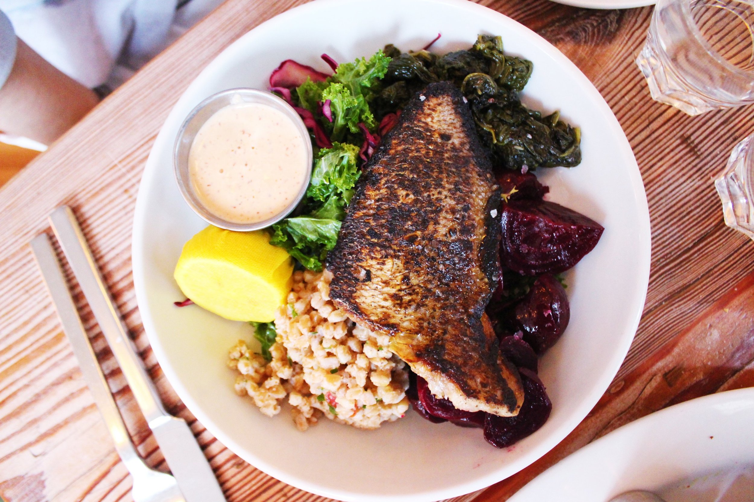 Porgy with Harissa Cashew Sauce with three sides (Sauteed Spinach with Garlic, Farro with Olives &amp; Cherry Tomatoes, Roasted &amp; Pickled Beets) 