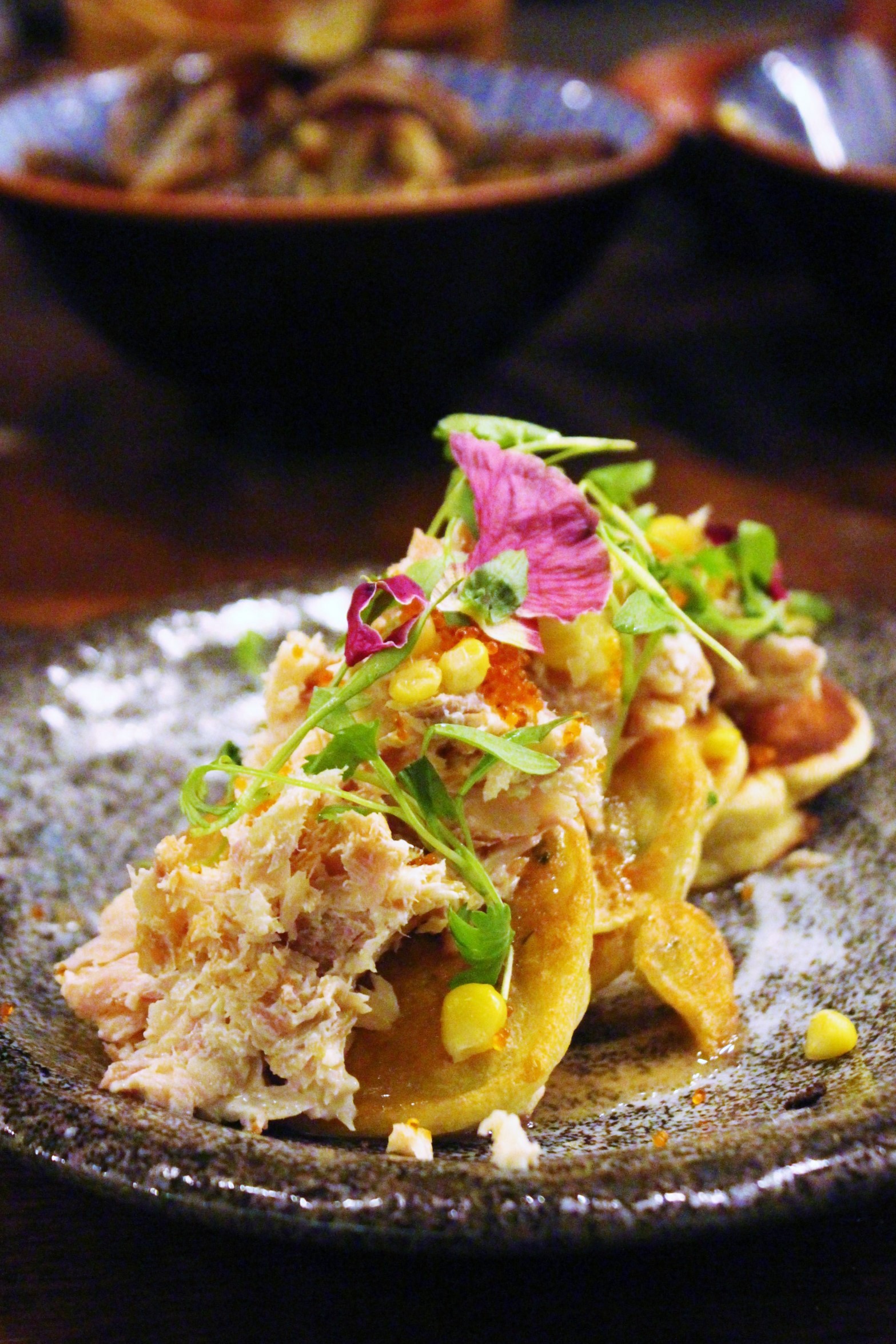 Okonomiyaki: Scallion and Corn Mean Pancake, Smoked Trout, Tobico, and Foie Maple Syrup