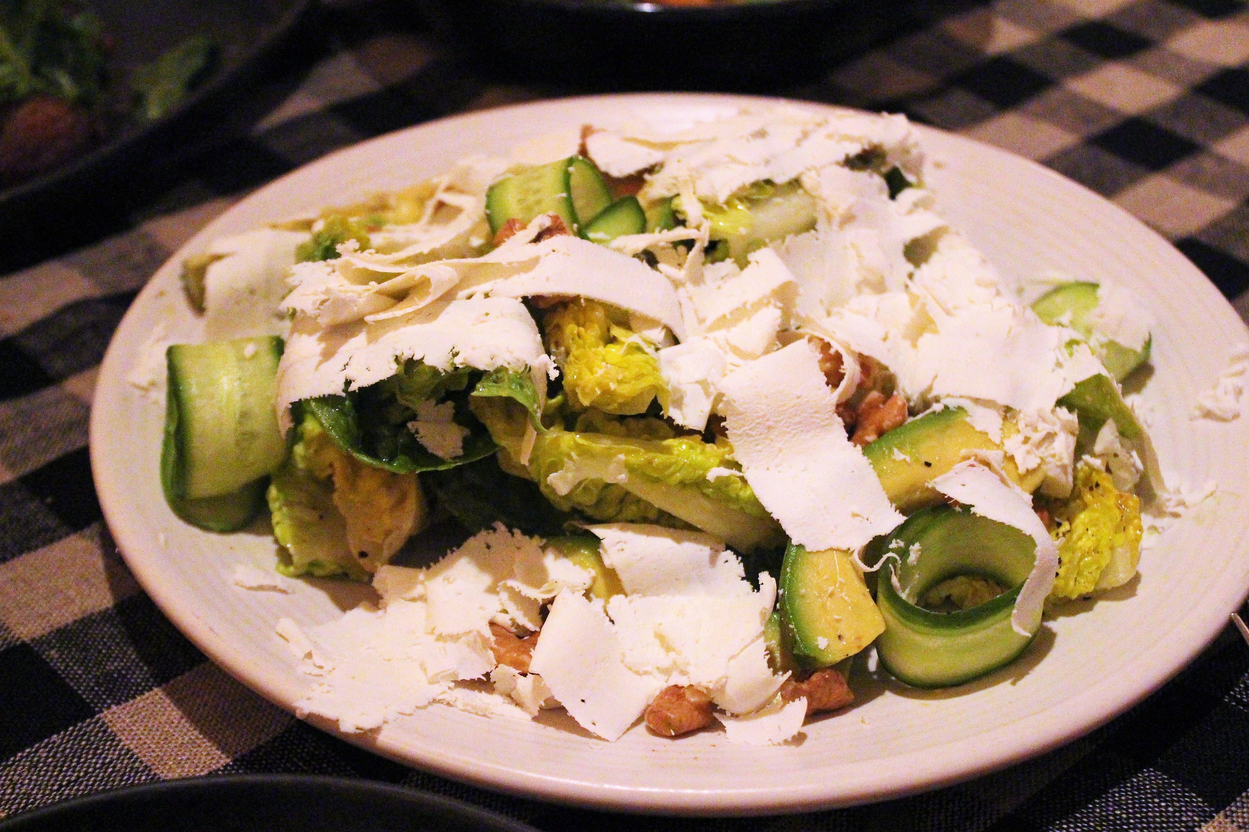 Little Gem Salad with Avocado, Cucumber, Ricotta Salata, and Walnut Vinaigrette