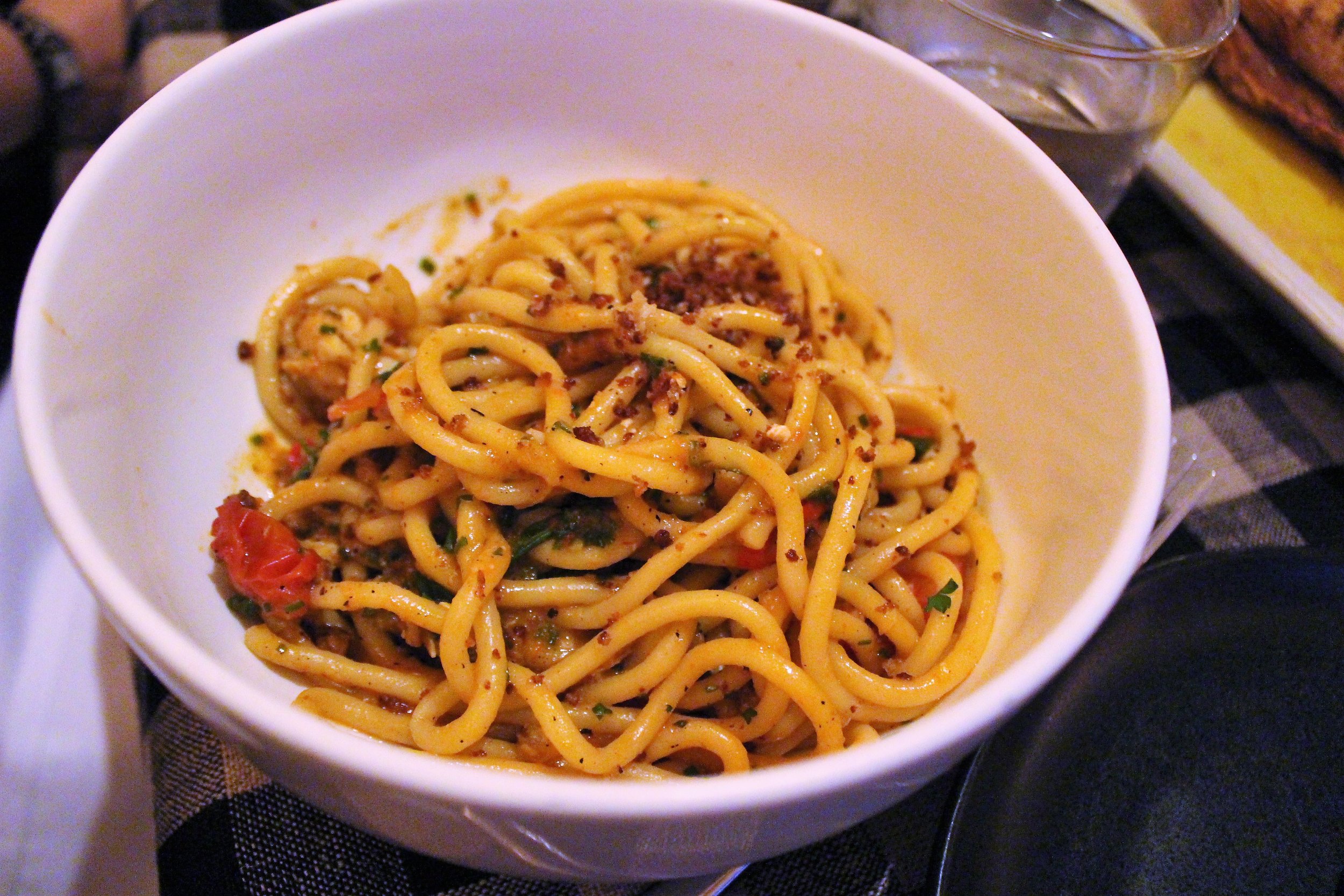 Spaghetti with Maine Lobster, Roasted Tomato, Chili, and Basil