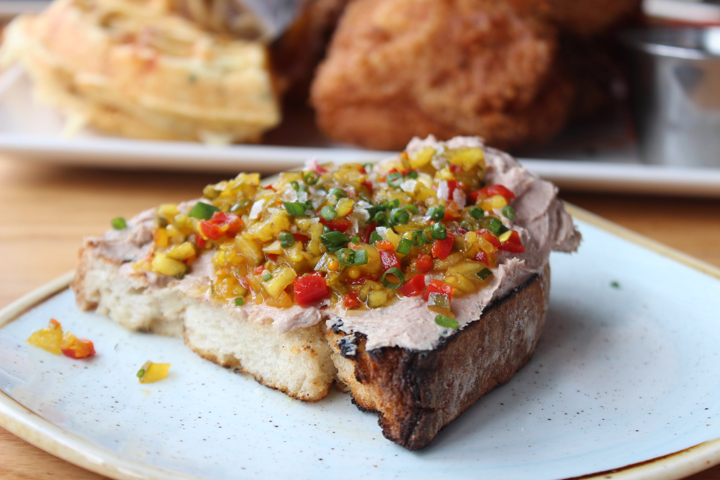 Chicken Liver Toast, Grilled Country Bread, Cuke &amp; Fresno Pepper Relish