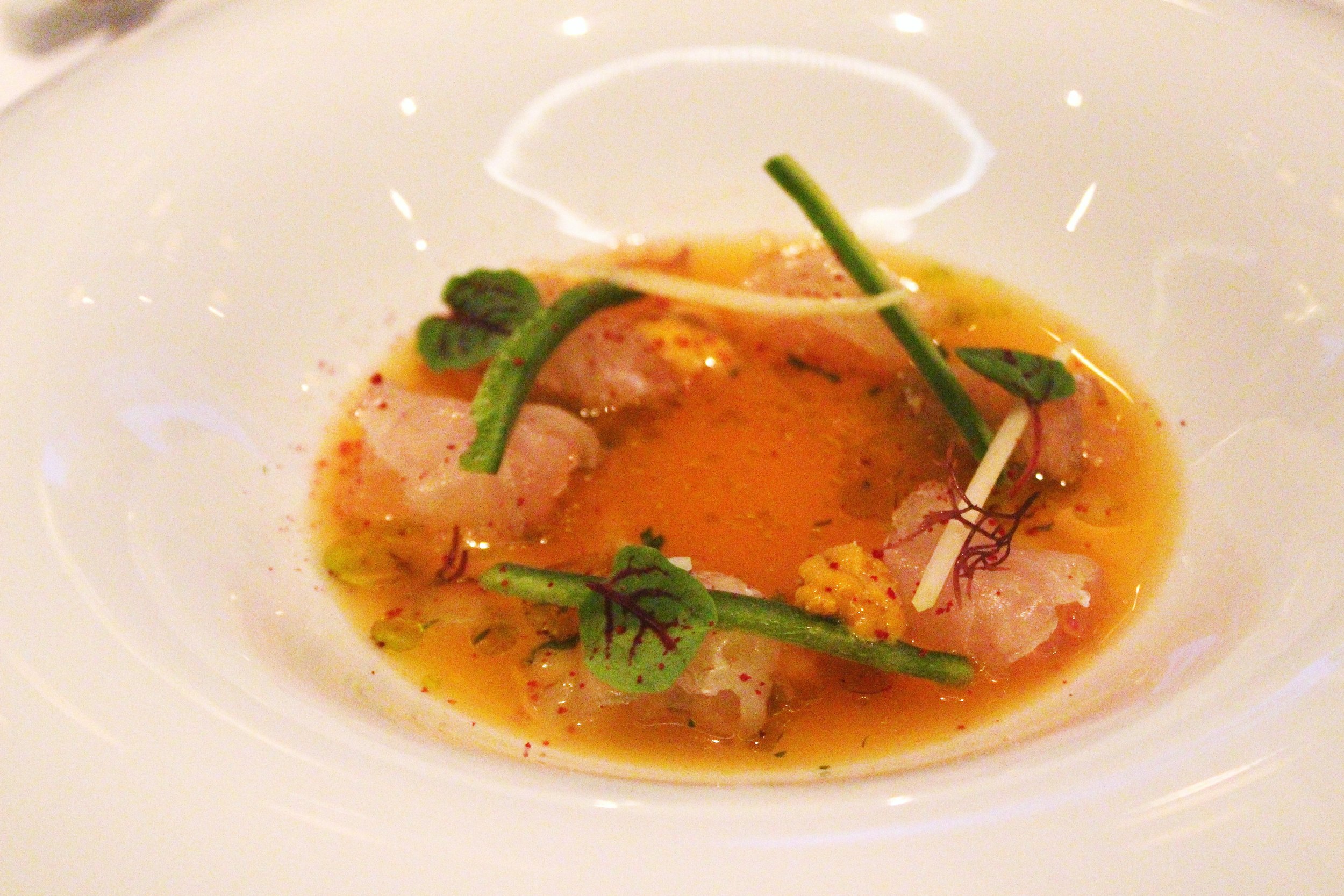 Mul Hwe: Fluke Carpaccio with Gochujang Gazpacho