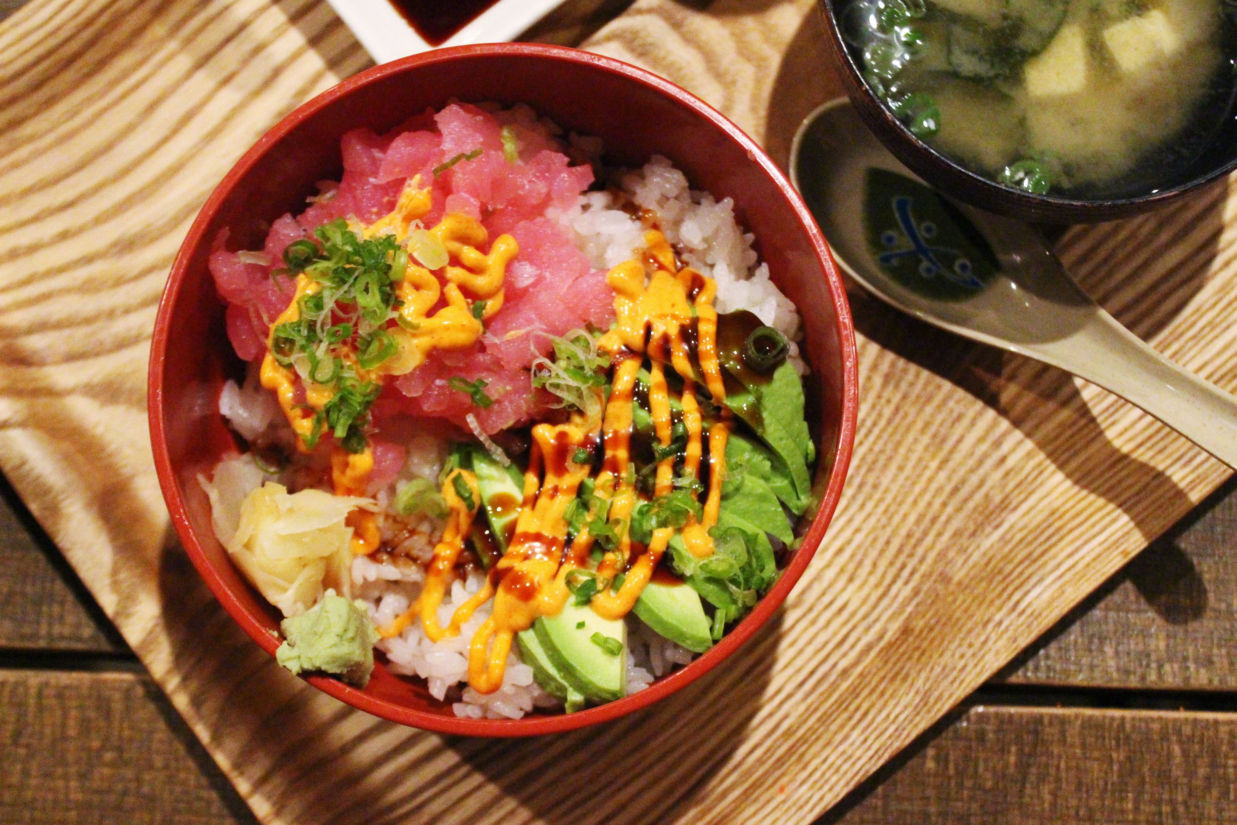 Tuna Tar Tar Don: Chopped Tuna Sashimi with Avocado and Spicy Mayo over rice