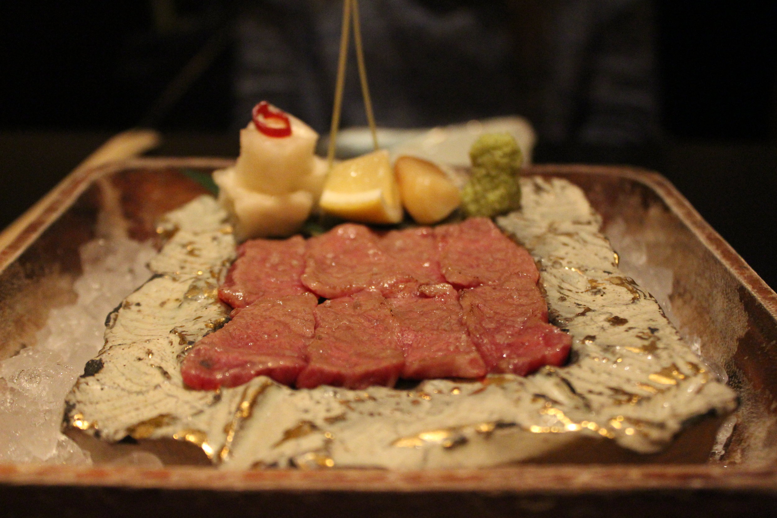 Washu-Beef Short Rib Sashimi with Sweet Daikon-pickle and Soy Sauce Garlic 