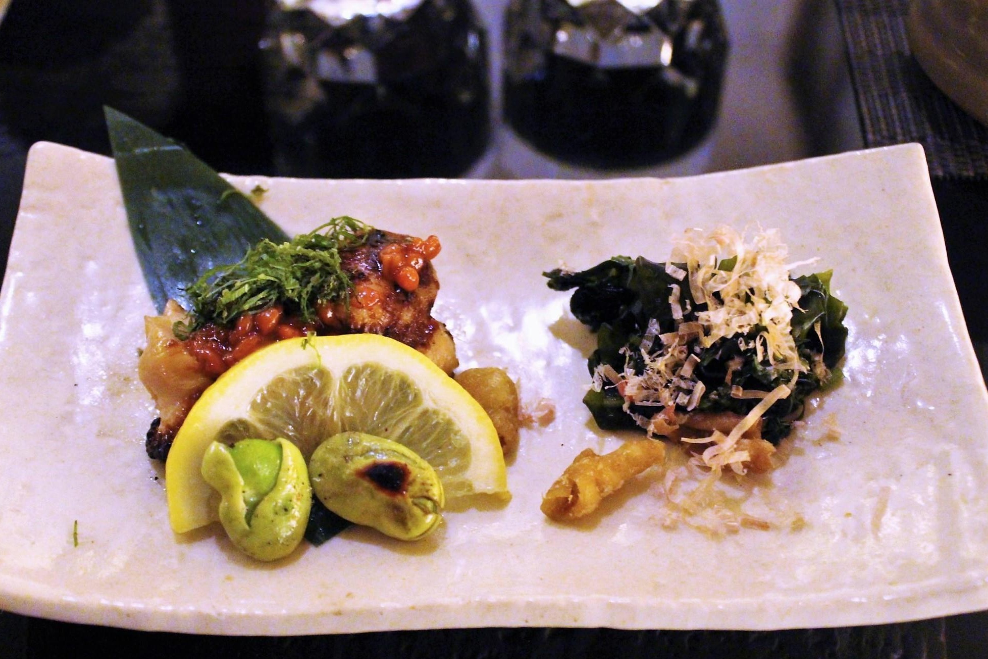 Chicken Thigh with Moromiso and Shiso Leaf; Seaweed, Bonito Flakes, Chicken Skin, and Shungiku Leaf
