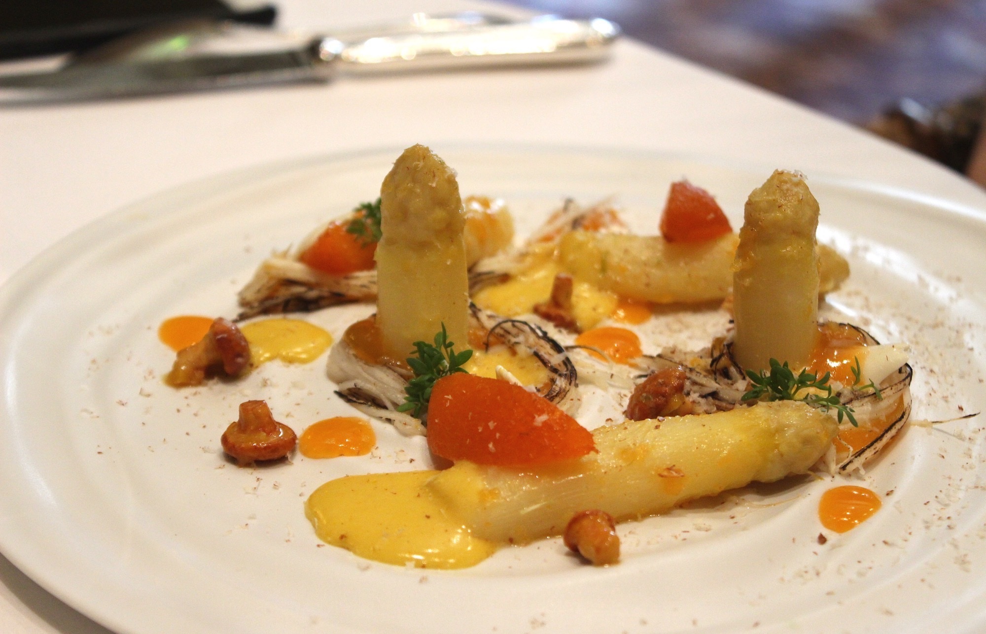 White Asparagus, Candied Apricot, and Egg Vinaigrette