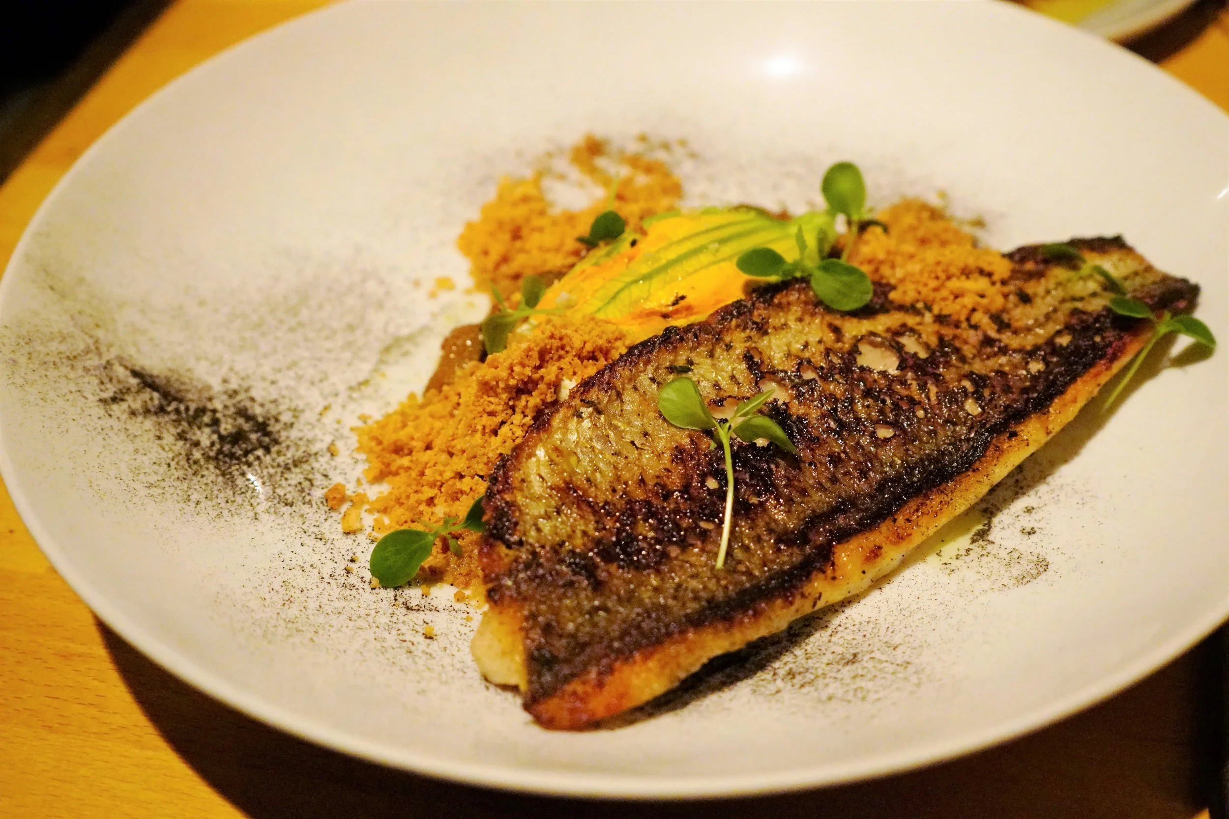 Fish Caponata, Cherry Tomato Confit, Kalamata Olives, Green Zucchini, Fried Eggplant, Sweet Potato, Zucchini Flower Stuffed with Goat Cheese at Timna