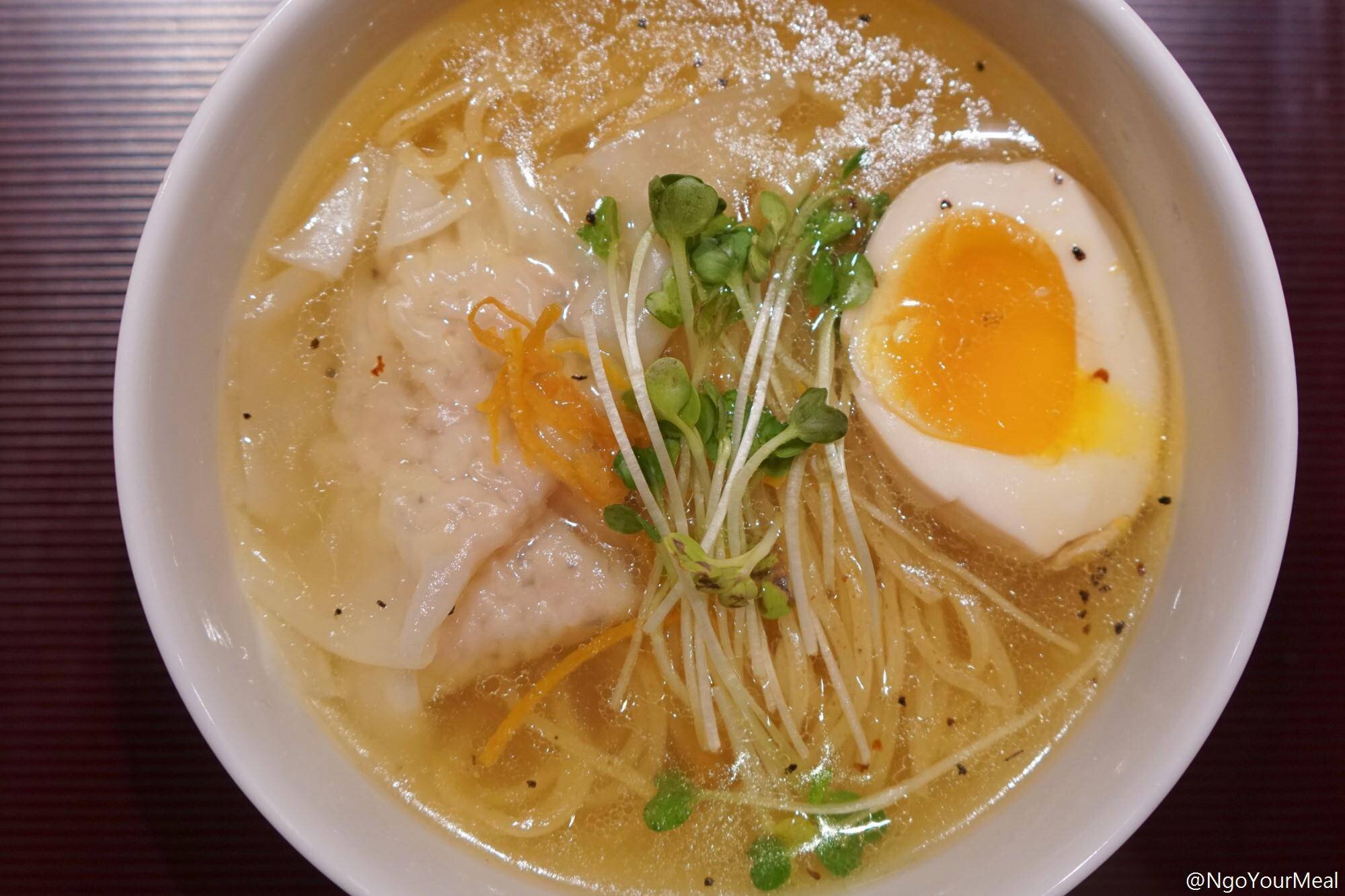 Toriko Shio Ramen with Egg, Orange Rind, and Kaiware Sprouts at Toriko in New York City